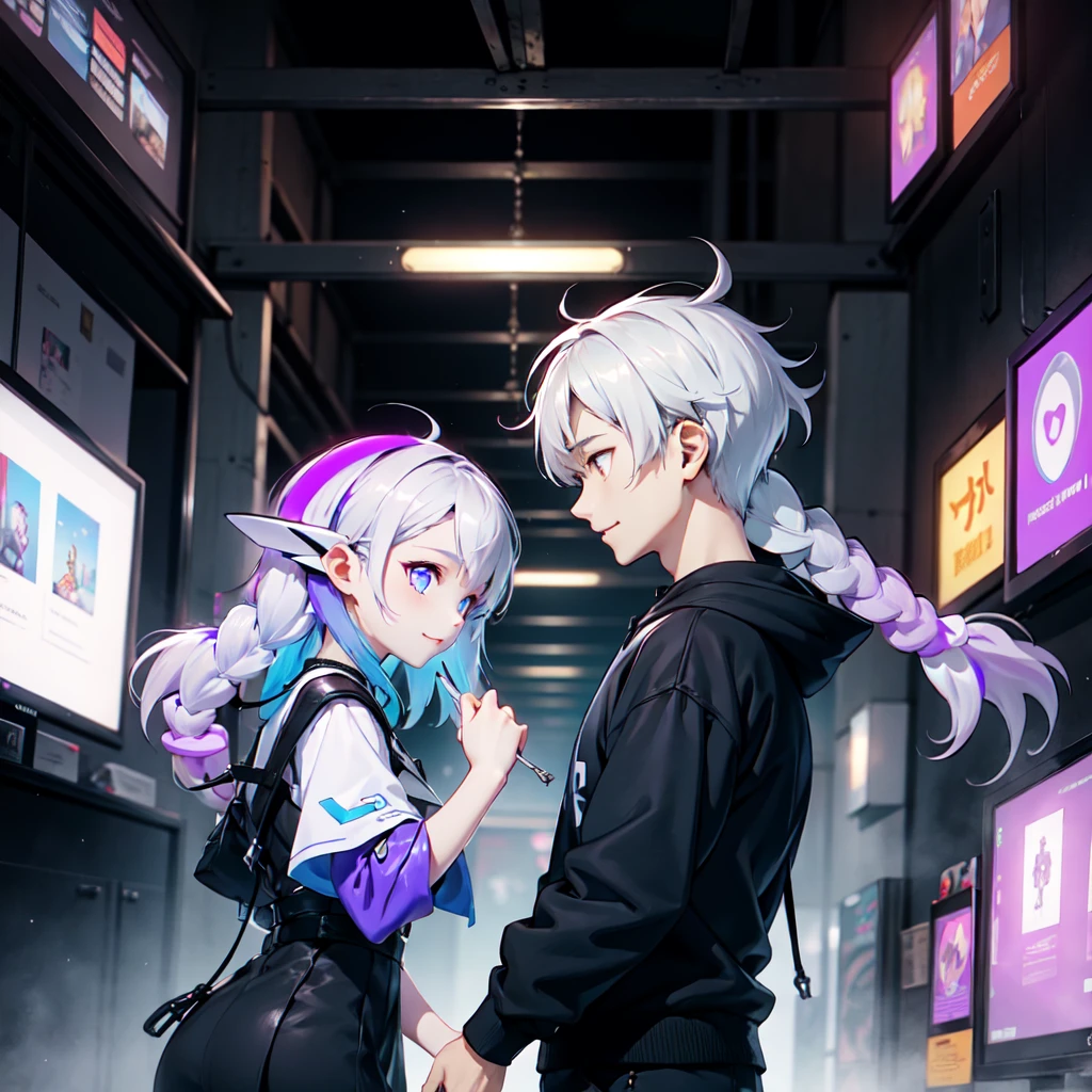 (masterpiece, top quality, best quality), pixel,pixel art,(1 boy and 1 girl:1.2), full body, A man and a woman sitting on different sides of a stair, Two people (girl with Purple White Gradient Long Hair, Indifferent, Kind:1.5) (boy wearing blue jacket), girl cryptic girl maiden
