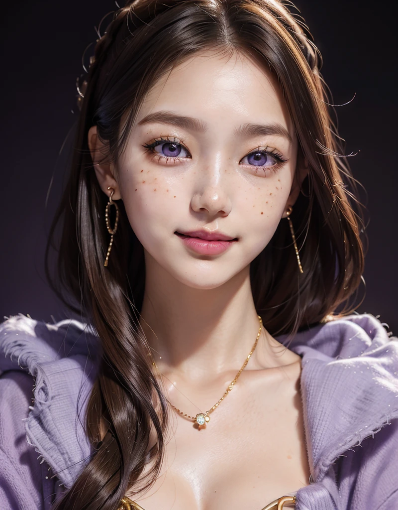 1 girl, 25 years old, south korean, idol, masterpiece, perfect face, soft skin, freckles under eyes, long whavy brown hair, shiny purple eyes, light purple lips, natural makeup, red eyeliners, happy, big smile, purple earrings, gold necklase, facing the spectator, portrait, close up, face focus.