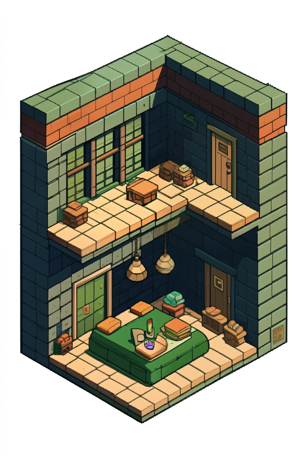 ((melhor qualidade)), ((Obra de arte)), (detalhado), a drawing of a dungeon in isometric style with a brick wall, windows and pillars worn and made with pencil only the outline style of Akira Toriyama