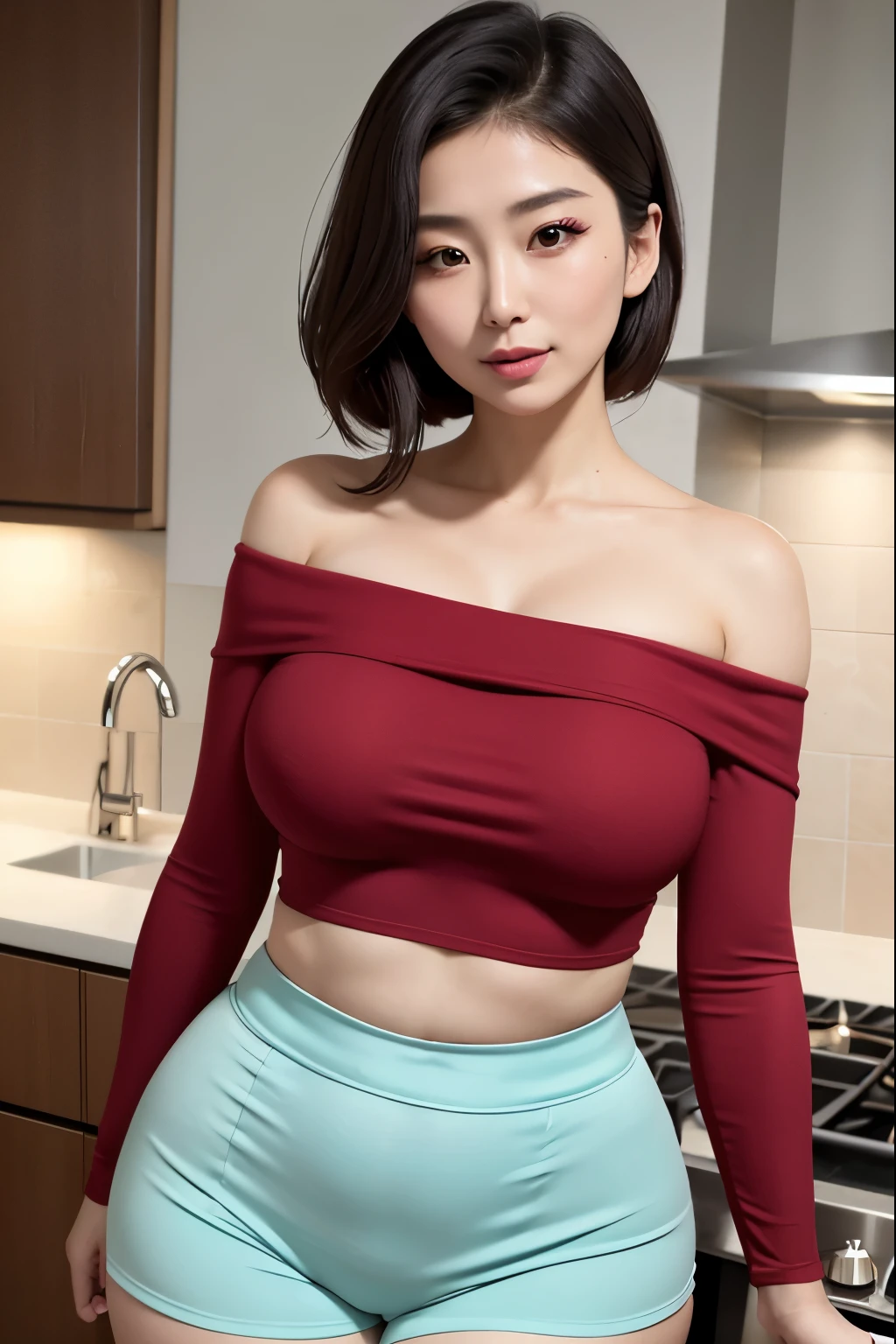 Beautifull, mother-in-law, japanese, off shoulder crop top, sexual expression, in the kitchen, voluptuous, high waist hot pants