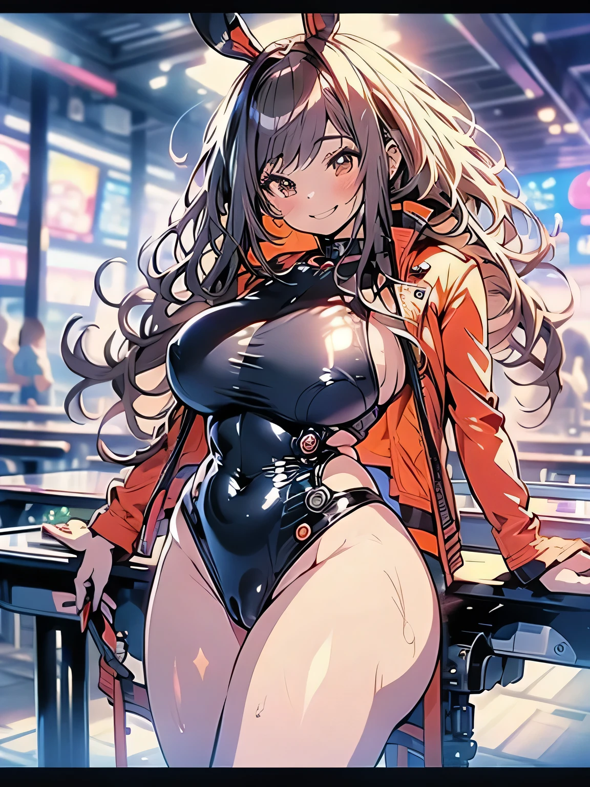 Erotic Anime Illustration、Anime Style、highest quality、Underground Casino、A plump bunny girl with brown skin、Perfect proportions、Sex Appeal、Very large breasts、Fatty legs、Erect nipples、Slot Machines、gaming table、Cowboy Shot、Exposed nipples、Exposing Vagina、smile、Hobby magazine cover