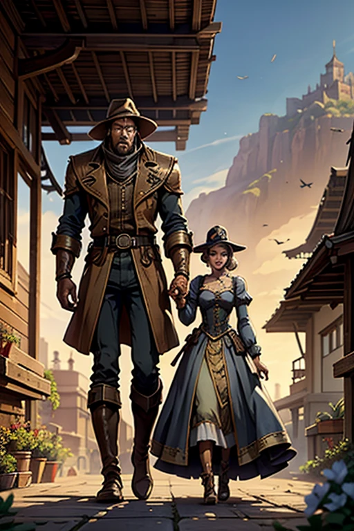 blurred image of a man and a woman walking in front of a group of robots, Fantasia Grimdark Steampunk, ps 4 in cinematic game, character with hat, um chifre, terreno baldio, arte oficial, &quot;porco, o pistoleiro, gray terreno baldio, enxame, armadura pesada branca e dourada, sepia, arte oficial, boi  