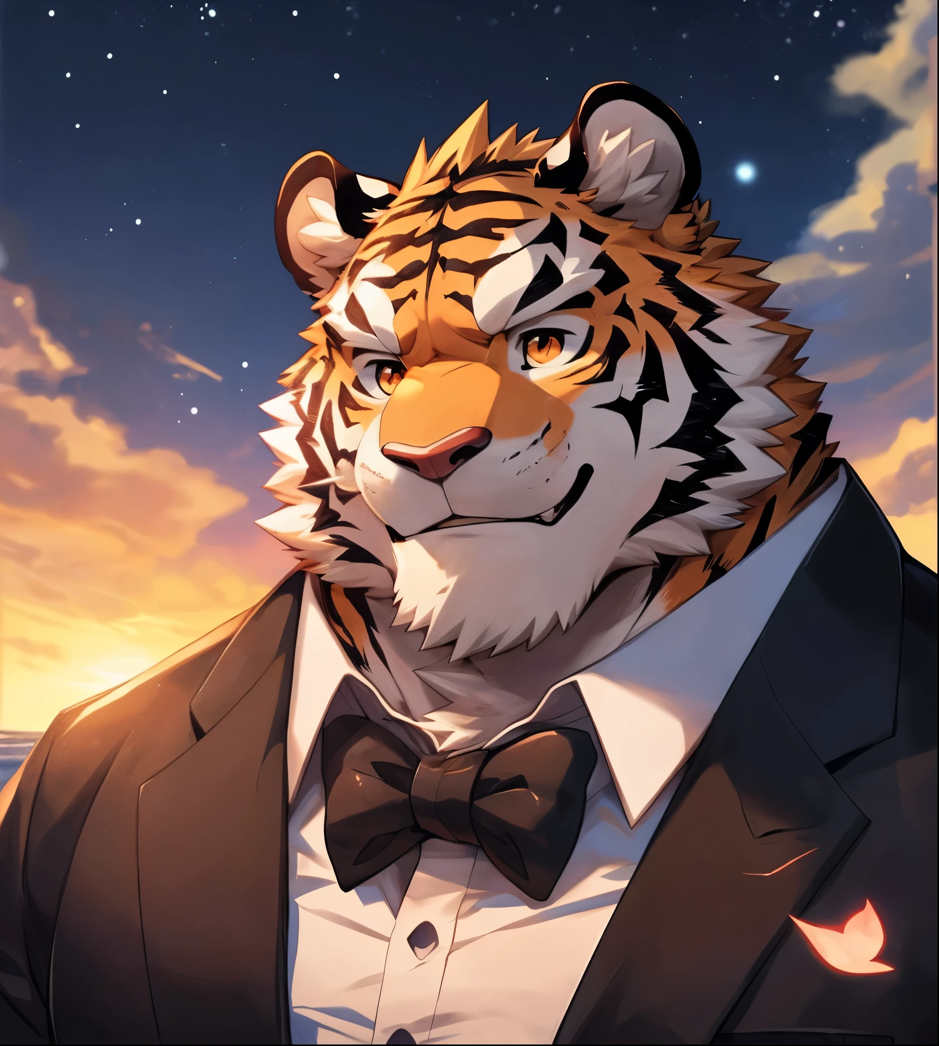 human nature, cannon, male, Solitary, ((Round Face, The face is plump,Orange eyes,A small amount of black beard)), ((Endomorph, Handsome,Handsome)), (White shirt,With a black tie), ((domestic tiger, tiger), (在Sea of Roses表白), Bokeh, (high quality, high resolution, Masterpiece 1.2), (Dynamic Lighting, Vibrant colors), (Generous smile,slightly red face,Love on face,Close your eyes and kiss someone), (Face focus), Front view (close up), cartoon, author:Takemoto Arashi, by zixiong, By Chunni, author:Empty Ghost,(background:晚霞的Sea of Roses满天的Starry Sky1.5),Sea of Roses,Glow,evening,Starry Sky,Auspicious Clouds,background丰富详细
