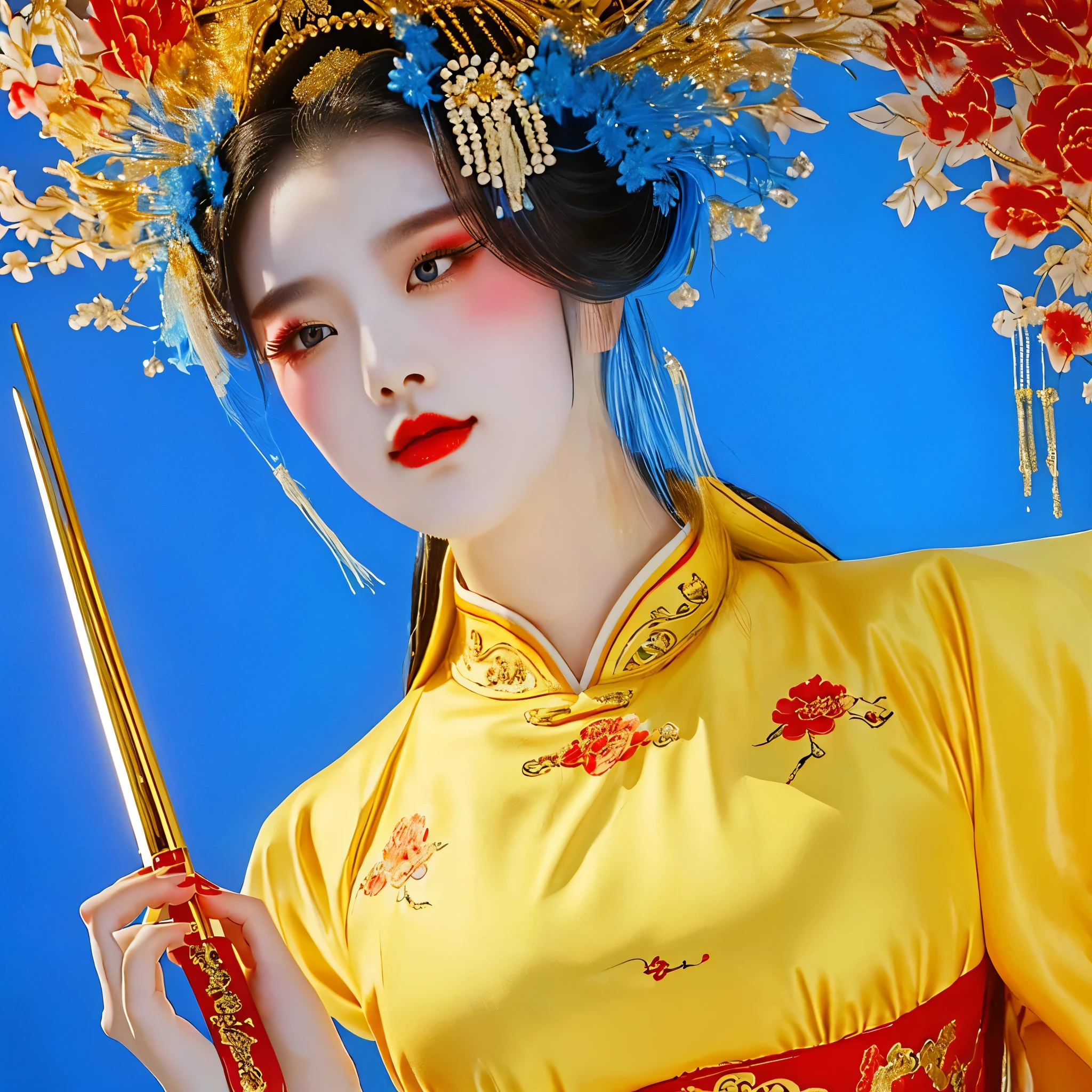 Close-up of a woman holding a sword in a field,Chinese style opera，The act of suicide，Very decorative，Full of decorations，Jewelry，Costumes