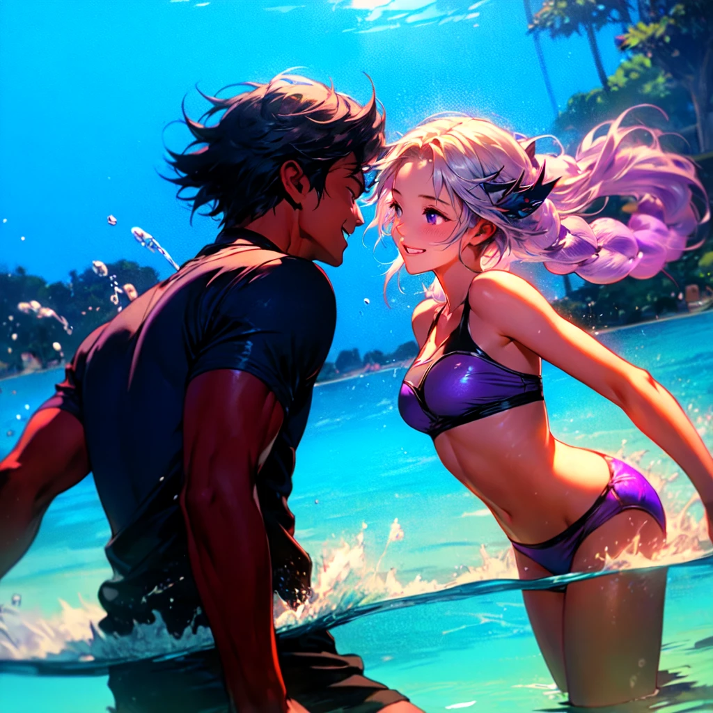 Disorganized、Man and woman couple、highest quality、Masterpiece、Official Art、16K、The best composition、The best light source、The girl has milky white hair with purple inner color, twin long braids, and is wearing a black and purple bikini.、The man had short milky white hair and was wearing white and light blue swimming trunks.、Midsummer Sea、Water Splash、Smiling and splashing water on each other、A happy smile、