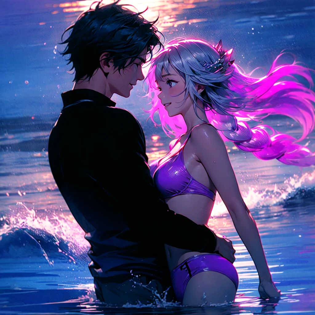 Disorganized、Man and woman couple、highest quality、Masterpiece、Official Art、16K、The best composition、The best light source、The girl has milky white hair with purple inner color, twin long braids, and is wearing a black and purple bikini.、The man had short milky white hair and was wearing white and light blue swimming trunks.、Midsummer Sea、Water Splash、Smiling and splashing water on each other、A happy smile、
