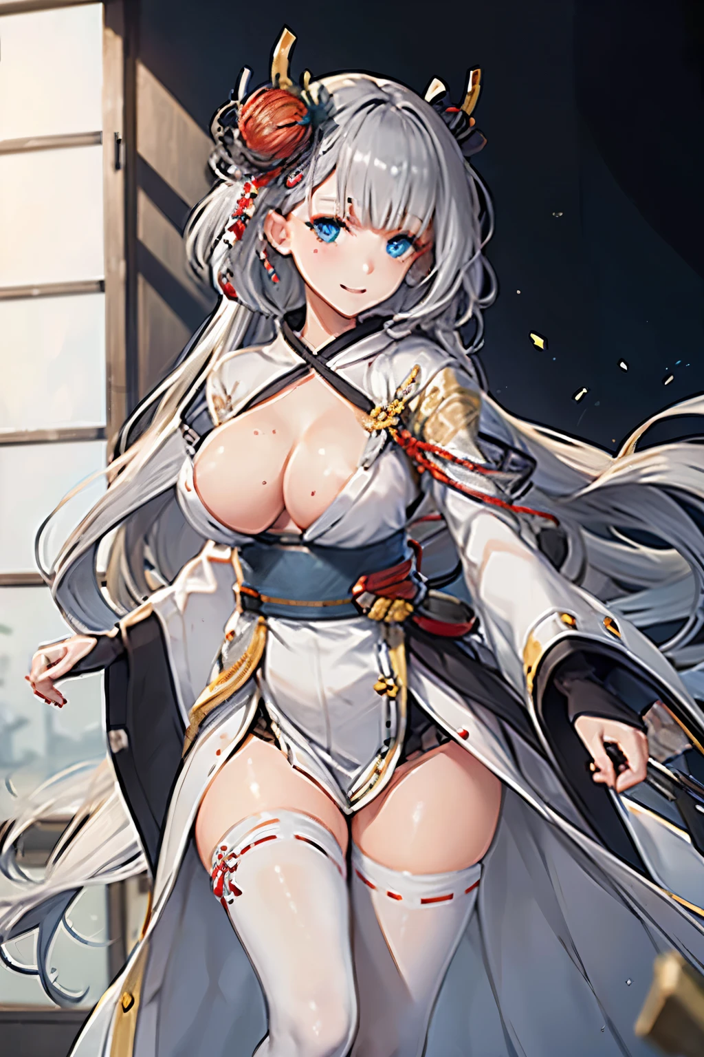 (paysage Azur Lane), (Detailed eyes and face:1.3), (Very elegant and beautiful:1.1), (Perfect detail:1.1), (From the knee up、Large Breasts), ((Top of the character)), Shoukaku, Azur Lane, Gray Hair, Long Hair, Ons Side Hair Ornament, blue eyes, kimono, heart, ability,Fingerless gloves