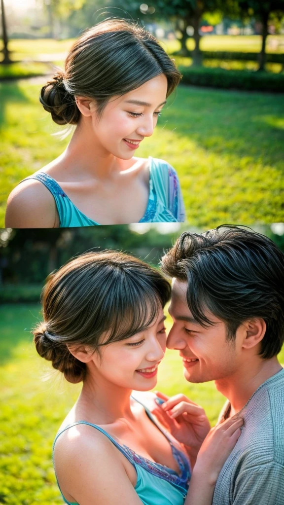 a couple in a park,enjoyable,heartwarming,affectionate,romantic atmosphere,sunny day,green grass,fresh air,blooming flowers,beautiful scenery,happy smiles,dressed in stylish clothes,hands held,walking leisurely,gentle breeze,clear blue sky,happiness and love,fond memories,togetherness,lasting bond,cherished moments,natural lighting,vibrant colors,soft shadows,lively details,artistic portrait,high-quality digital painting,ultra-realistic,finely crafted figures,expressive eyes and lips,intimate connection,cheerful and relaxed expressions,loving glances【best quality,ultra-detailed,realistic:1.37】,warm color tones,subtle highlights and contrast,glowing sunlight