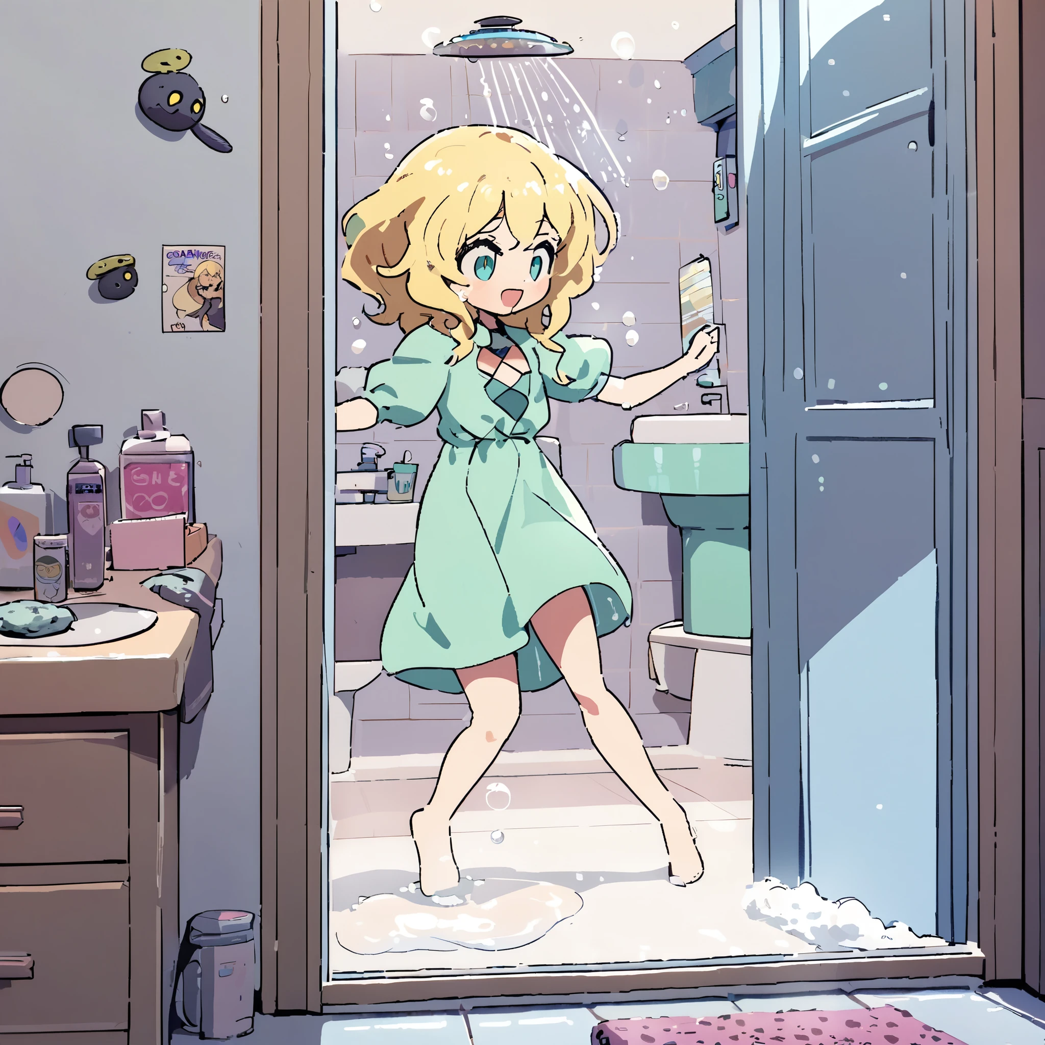 A ditzy gorgeous blonde with an amazing figure is taking a shower in her apartment bathroom. She is unaware as an alien creeps up on her. A UFO is hovering outside her window. The blonde is singing and dancing along to 'Oops I did it again' and very soaped and bubbled up
