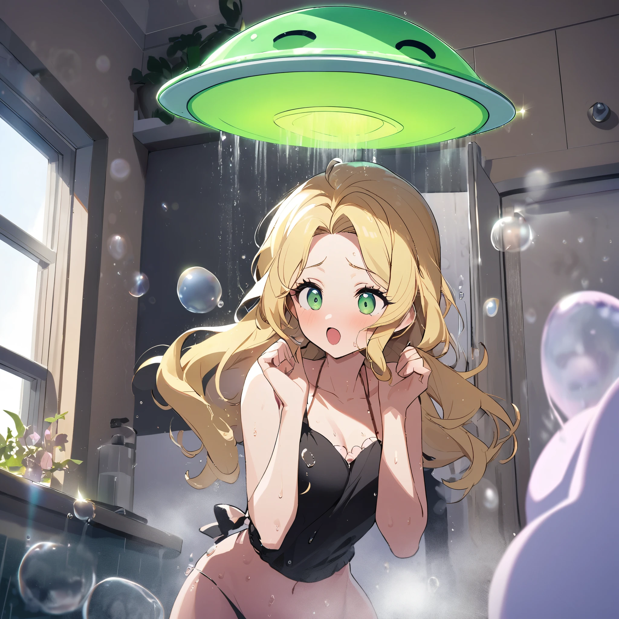 A ditzy gorgeous blonde with an amazing figure is taking a shower in her apartment bathroom. She is unaware as an alien creeps up on her. A UFO is hovering outside her window. The blonde is singing and dancing along to 'Oops I did it again' and very soaped and bubbled up