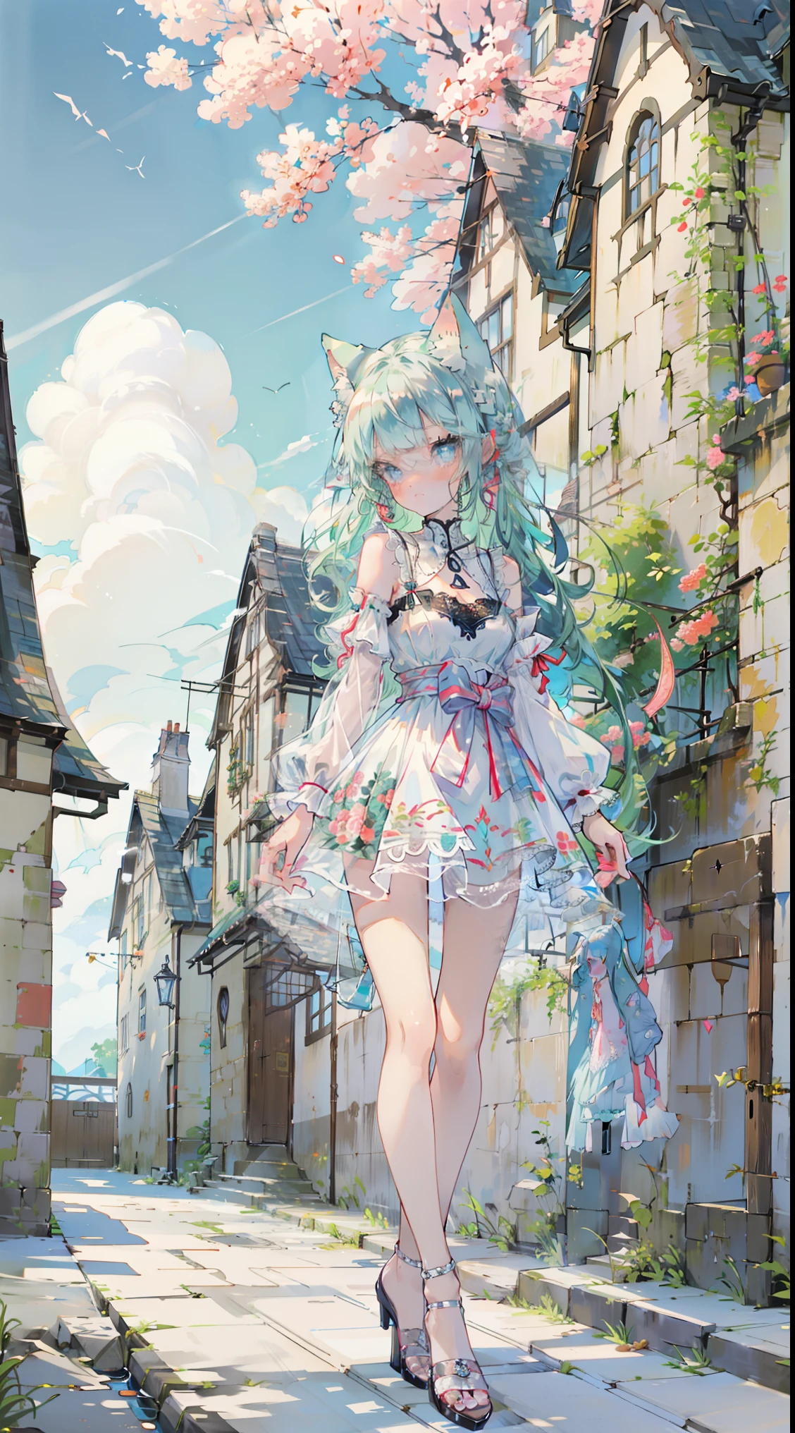 (Masterpiece, highest quality: 1.1), Ghibli style, solo, full body, standing pose with arms outstretched, cat ears, landscape, summer landscape, clouds, heroine, high heels, long hair, green hair, blue eyes, pink eyes, sparkling jewel-like eyes, long eyelashes, transparency, red jewel summer lace outfit, glass bottle body, glass girl, transparent, wavy hair