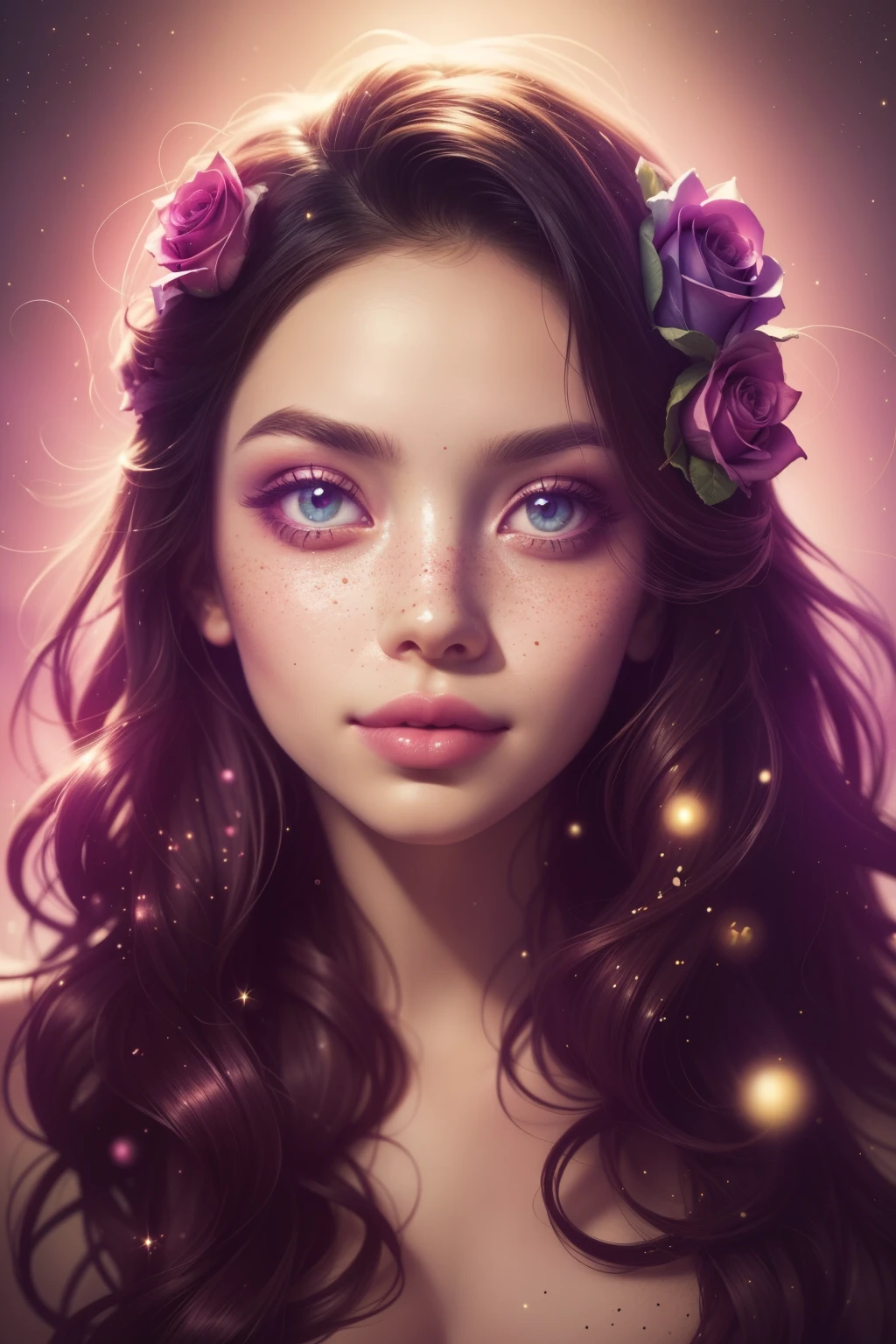 (This is a beautiful rainbow fantasy image that feels interesting and emphasizes glitter and iridescence.) Generate a ((blind)) curvy woman with colorful curly hair and milky eyes. Her face is important and is perfectly formed with puffy lips and perfect features. (Her eyes are critically important). The image exudes ethereal beauty and soft fantasy. Include sweet and detailed birds and soft, luminous flowers in all the colors of the rainbow. The image's background is decorated in shades of pink, shimmer, glitter, and fantasy details like colored bubbles and cosmos. Utilize dynamic composition to create a compelling and action-packed image. Dramatic lighting and cinematic lighting enhance the woman's beauty and the soft colors in the artwork. (((((Perspective: head on.))))) Include fantasy, cute, colorful, colourful, interesting magic background, (smirking), ((birthmark on lip)), ((pretty lips)), beautiful background, complex background, sweet background, (((rainbow))), subtle freckles, natural freckles, Surround her with eternal roses in shimmering shades. Add whimsical details like stars, bubbles, and glitter for an enchanting touch. Ensure perfection in her face, hair, and eyes. Incorporate elements of high fantasy, whimsy, and detailed elegance. English rose, princess, courtesan, noblewoman, sweet, lovely, calm, lovely, shimmering, glimmering, glittering, astrological fantasy, (((masterpiece))), (highest quality), magic rose, fantasy garden, beautiful face, perfect face, puffy lips, interesting, shy smile, fantasy elements, magic rose, beautiful eyes, perfect puffy lips, jewel tones, luminosity