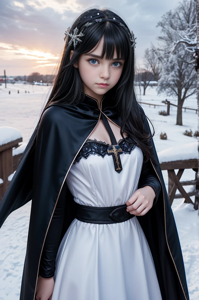 TeEn girl, evil, teenager(1.3),13 years old, teen girl, very small breats, black hair and blue eyes, detailed face, angelical face,cleavage, small breasts, dress with cape, desing with christian cross ,background in snow in prussia