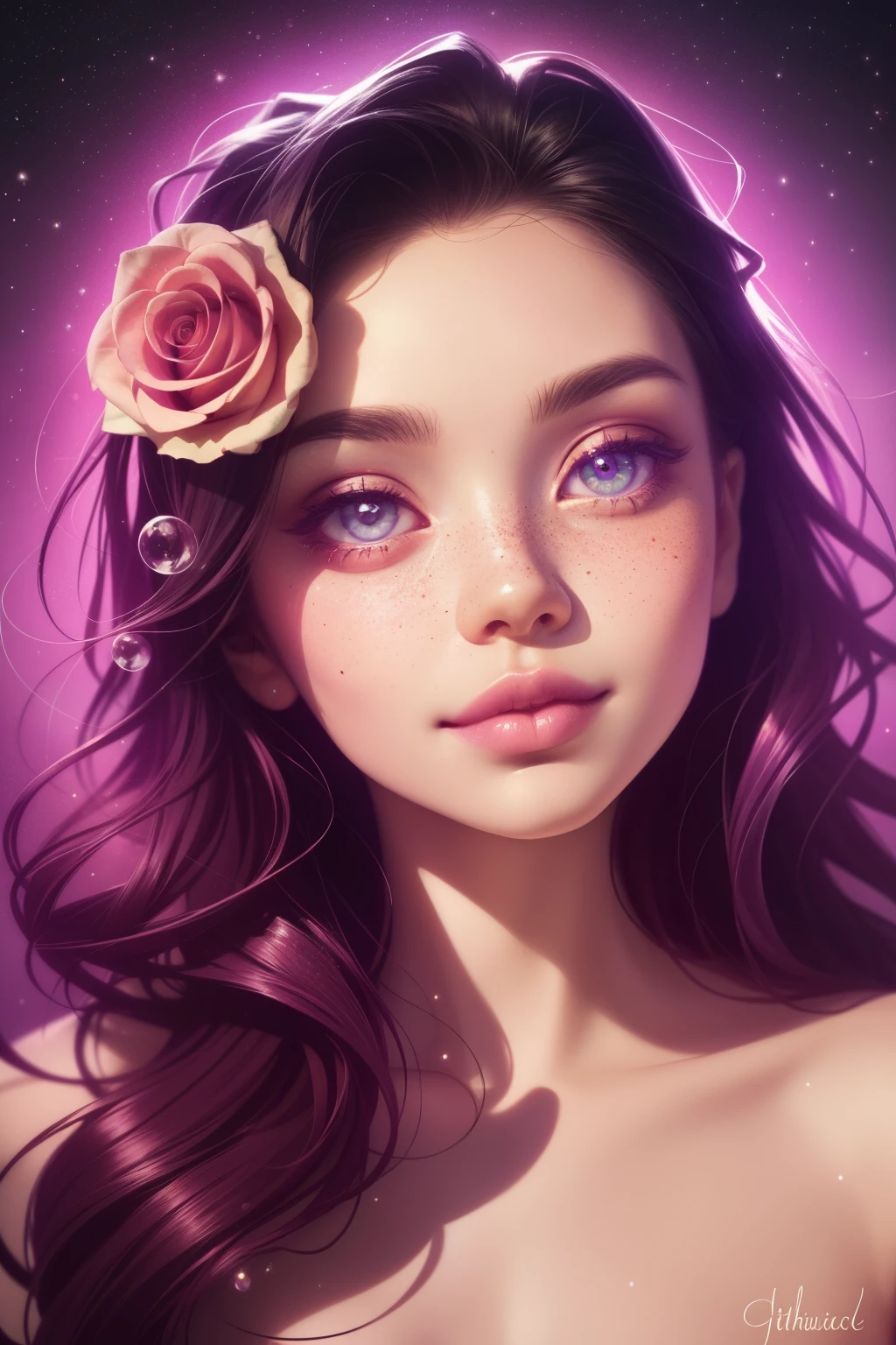 (This is a beautiful rainbow fantasy image that feels interesting and emphasizes glitter and iridescence.) Generate a ((blind)) curvy woman with colorful curly hair and milky eyes. Her face is important and is perfectly formed with puffy lips and perfect features. (Her eyes are critically important). The image exudes ethereal beauty and soft fantasy. Include sweet and detailed birds and soft, luminous flowers in all the colors of the rainbow. The image's background is decorated in shades of pink, shimmer, glitter, and fantasy details like colored bubbles and cosmos. Utilize dynamic composition to create a compelling and action-packed image. Dramatic lighting and cinematic lighting enhance the woman's beauty and the soft colors in the artwork. (((((Perspective: head on.))))) Include fantasy, cute, colorful, colourful, interesting magic background, (smirking), ((birthmark on lip)), ((pretty lips)), beautiful background, complex background, sweet background, (((rainbow))), subtle freckles, natural freckles, Surround her with eternal roses in shimmering shades. Add whimsical details like stars, bubbles, and glitter for an enchanting touch. Ensure perfection in her face, hair, and eyes. Incorporate elements of high fantasy, whimsy, and detailed elegance. English rose, princess, courtesan, noblewoman, sweet, lovely, calm, lovely, shimmering, glimmering, glittering, astrological fantasy, (((masterpiece))), (highest quality), magic rose, fantasy garden, beautiful face, perfect face, puffy lips, interesting, shy smile, fantasy elements, magic rose, beautiful eyes, perfect puffy lips, jewel tones, luminosity
