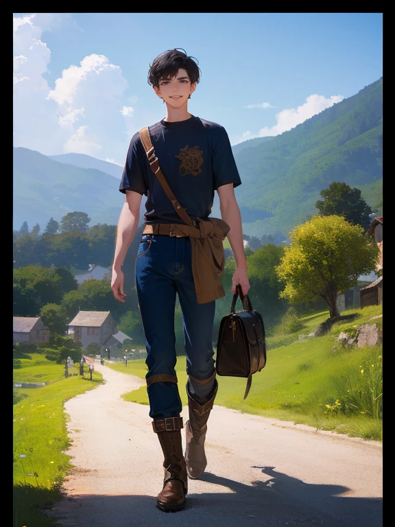 masterpiece, best quality, rpg character art, epic fantasy art style, Aldric, 18 year old man, youthful appearance, skinny, normal build, smiling and waving to villagers, full body fantasy concept art, short dark black hair, black eyes, high detail, (common clothes, plain light brown short sleeve shirt, dark blue pants, black boots, small bag strapped across his chest), intricate details, ultra high resolution, sharp focus, HD, 8k, clear facial features, clear details, background is a vibrant village full of villagers, zoomed out view, looking away from viewer and at villagers
