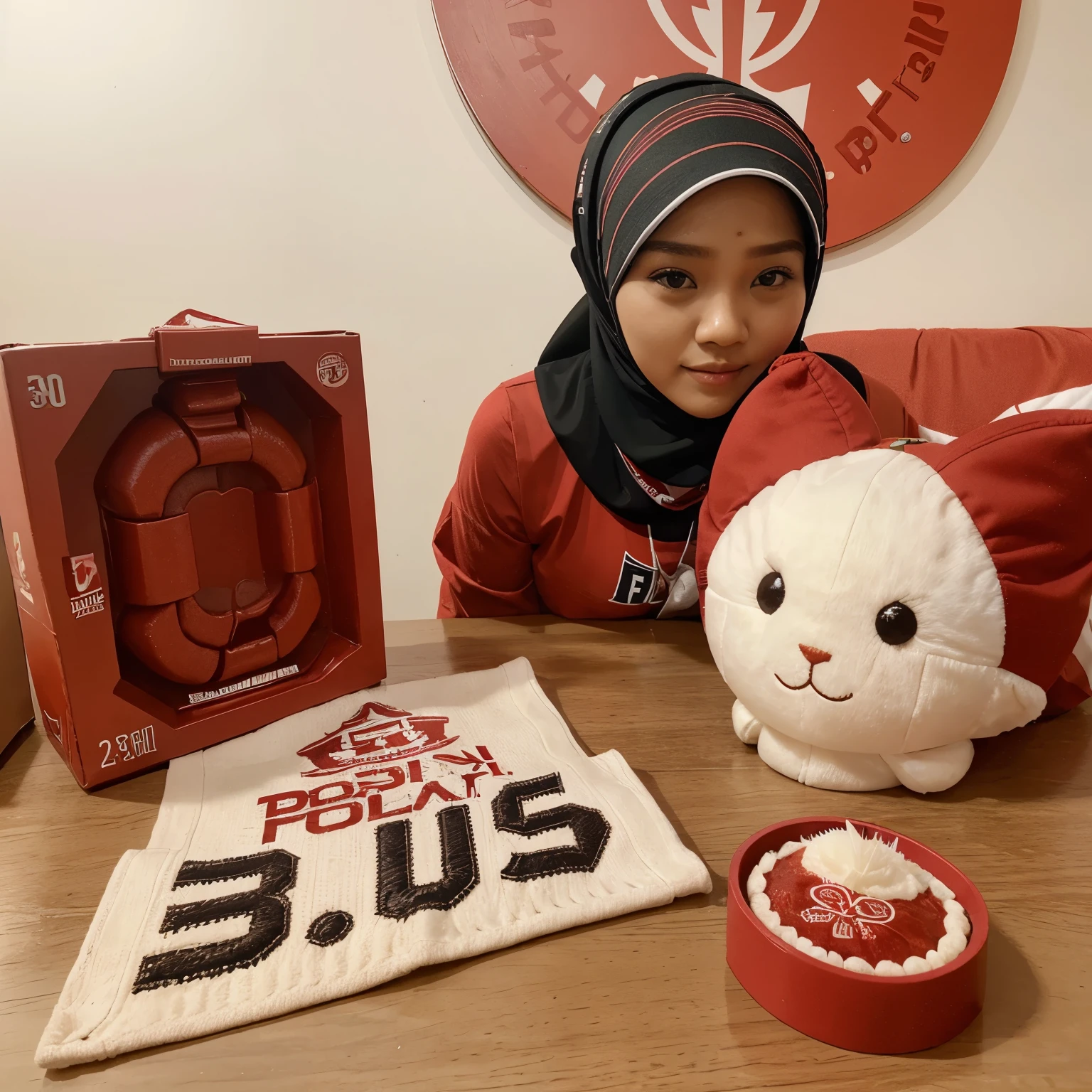 The 3d text logo says "PENTOL SPICY CUAH" at the bottom, dengan maskot perempuan indonesia cantik berjilbab, memakai celmek, memakai topi koki, tangan memegang panci, di dalam lingkaran, dihiasi pentol pedas dan tahu
