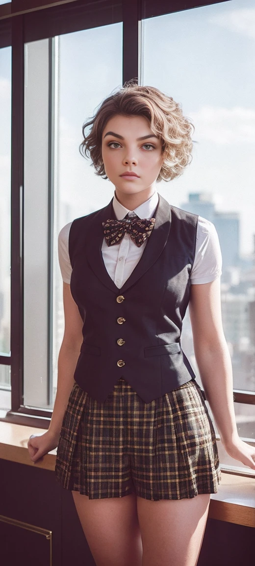 Camren Bicondova, 1girl, matured female, vest, bow, photo, realistic, best quality, hires, detailed face, office, buildings from window, detailed background, diffused sunlight, depth of field, bokeh
