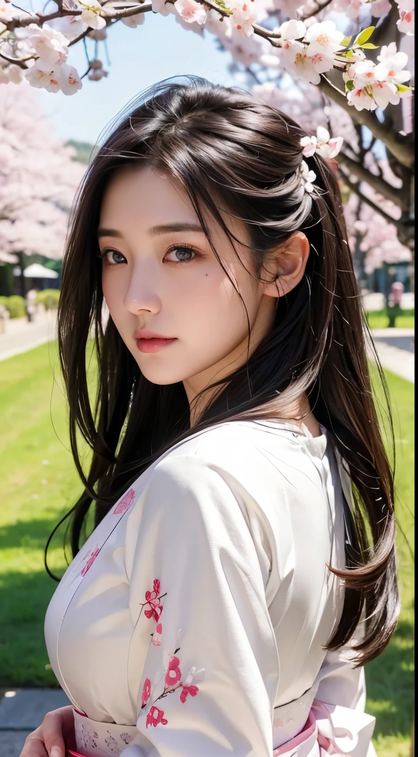 (A logo、masterpiece、8K、masutepiece、Raw photo、Fantastic、Best Quality、8K wallpaper that combines photorealism and high-definition CG、hightquality、ighly detailed、epic poem、Particle effect、Dynamic effects、depth of fields、Cinematic Light、Lens Flare、Ray tracing)、Fantasia、 (Beauty 1 person、White Japanese Clothing、Japanese dress、White cherry blossom pattern、White cherry blossom embroidery pattern、A dark-haired、Beautiful face、Real Face、beautiful details eyes beautiful skin)、Hair flutters in the wind、Hair jumps、Pink cherry blossom tree、Petals flutter、Sakura blizzard、Superb view、morning glow、Sun in the background、the wind、Deities、tusk、myth、Vast Land、
