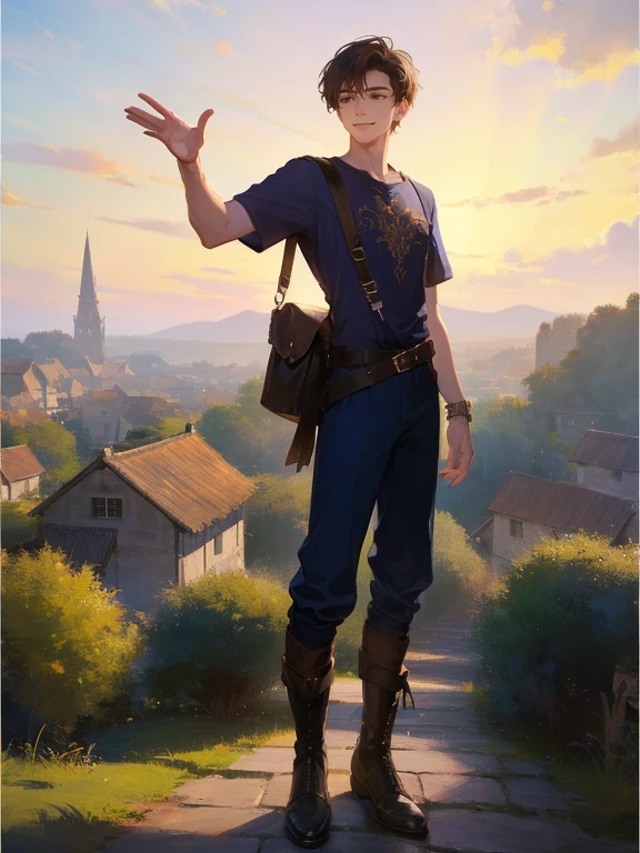 masterpiece, best quality, rpg character art, epic fantasy art style, Aldric, 18 year old man, youthful appearance, skinny, normal build, smiling and waving to villagers, full body fantasy concept art, short dark black hair, black eyes, high detail, (common clothes, plain light brown short sleeve shirt, dark blue pants, black boots, small bag strapped across his chest), intricate details, ultra high resolution, sharp focus, HD, 8k, clear facial features, clear details, background is a vibrant village full of villagers, zoomed out view, looking away from viewer and at villagers