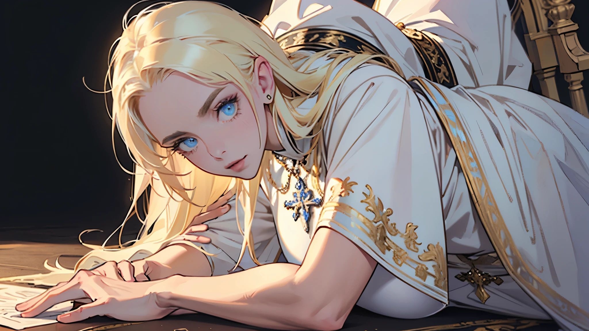 (A luxurious white vestment with intricately detailed gold embroidery）Incorruptible and white,Pure and pitiful, offer a prayer, rosary, Stained glass praising, Beautiful woman, extremely long hair, blonde hair, green eyes, 32, (masterpiece:1.3), (best quality:1.3), high-resolution, watercolor pencil, Head-on angle, upper body, Body facing forward, (upright:1.3), (arms at sides:1.3), solo, blue eyes, beautiful detailed eyes, (white background:1.2), simple background, concept art, shadow lighting, beautiful detailed glow, best illuminate,(((best quality, textile shading, ultra detailed))),extremely detailed CG unity 8k wallpaper,Highly Detailed beautiful and aesthetic, best light, high resolution, detailed, dynamic lighting, 1Character,  pastel washed out colors, cell shade, soft, muted shades, gentle colors,