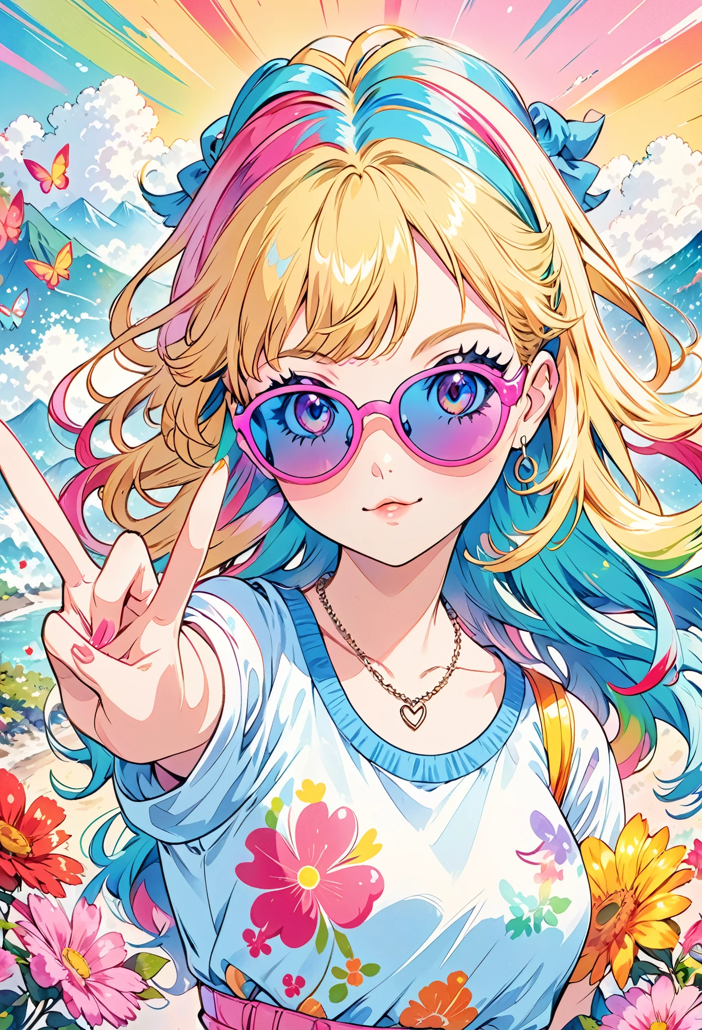 anime girl with sunglasses and a necklace making a peace sign, anime style illustration, decora inspired illustrations, anime vibes, beautiful anime art style, blonde anime girl with long hair, digital art on pixiv, anime graphic illustration, colorful illustration, cute art style, in the art style of 80 s anime, colorfull illustration, rossdraws pastel vibrant