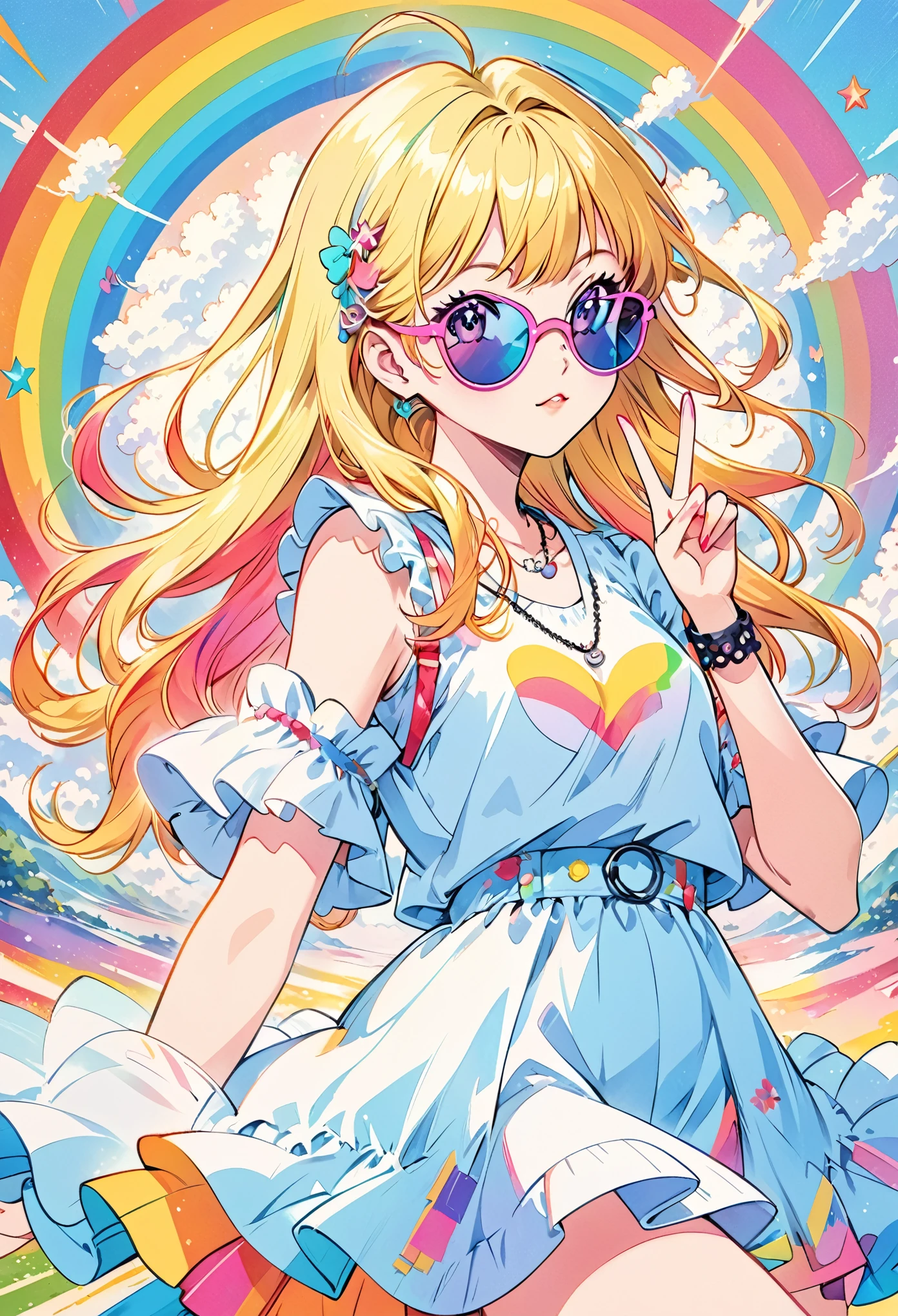 anime girl with sunglasses and a necklace making a peace sign, anime style illustration, decora inspired illustrations, anime vibes, beautiful anime art style, blonde anime girl with long hair, digital art on pixiv, anime graphic illustration, colorful illustration, cute art style, in the art style of 80 s anime, colorfull illustration, rossdraws pastel vibrant