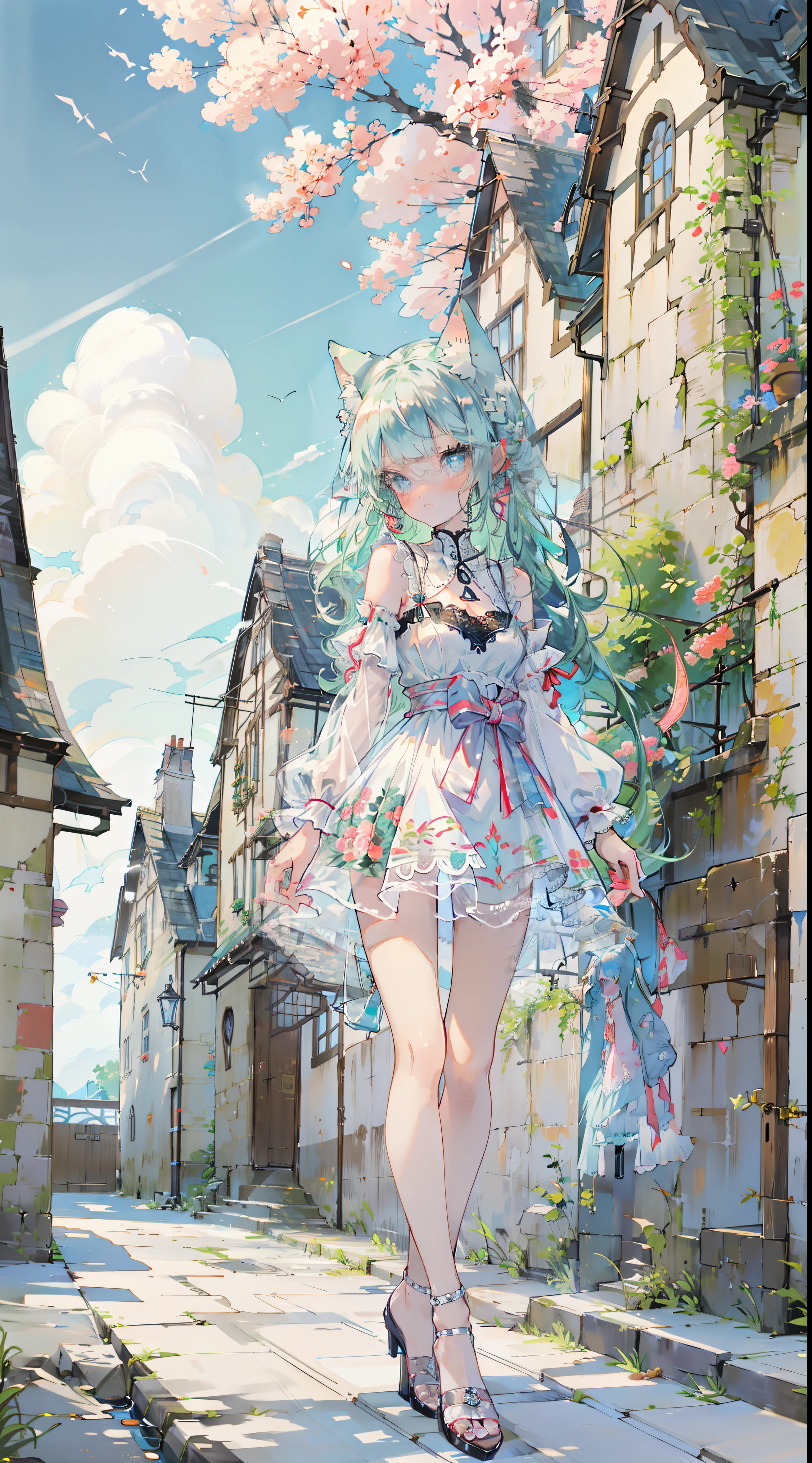 (Masterpiece, highest quality: 1.1), Ghibli style, solo, full body, standing pose with arms outstretched, cat ears, landscape, summer landscape, clouds, heroine, high heels, long hair, green hair, blue eyes, pink eyes, sparkling jewel-like eyes, long eyelashes, transparency, red jewel summer lace outfit, glass bottle body, glass girl, transparent, wavy hair