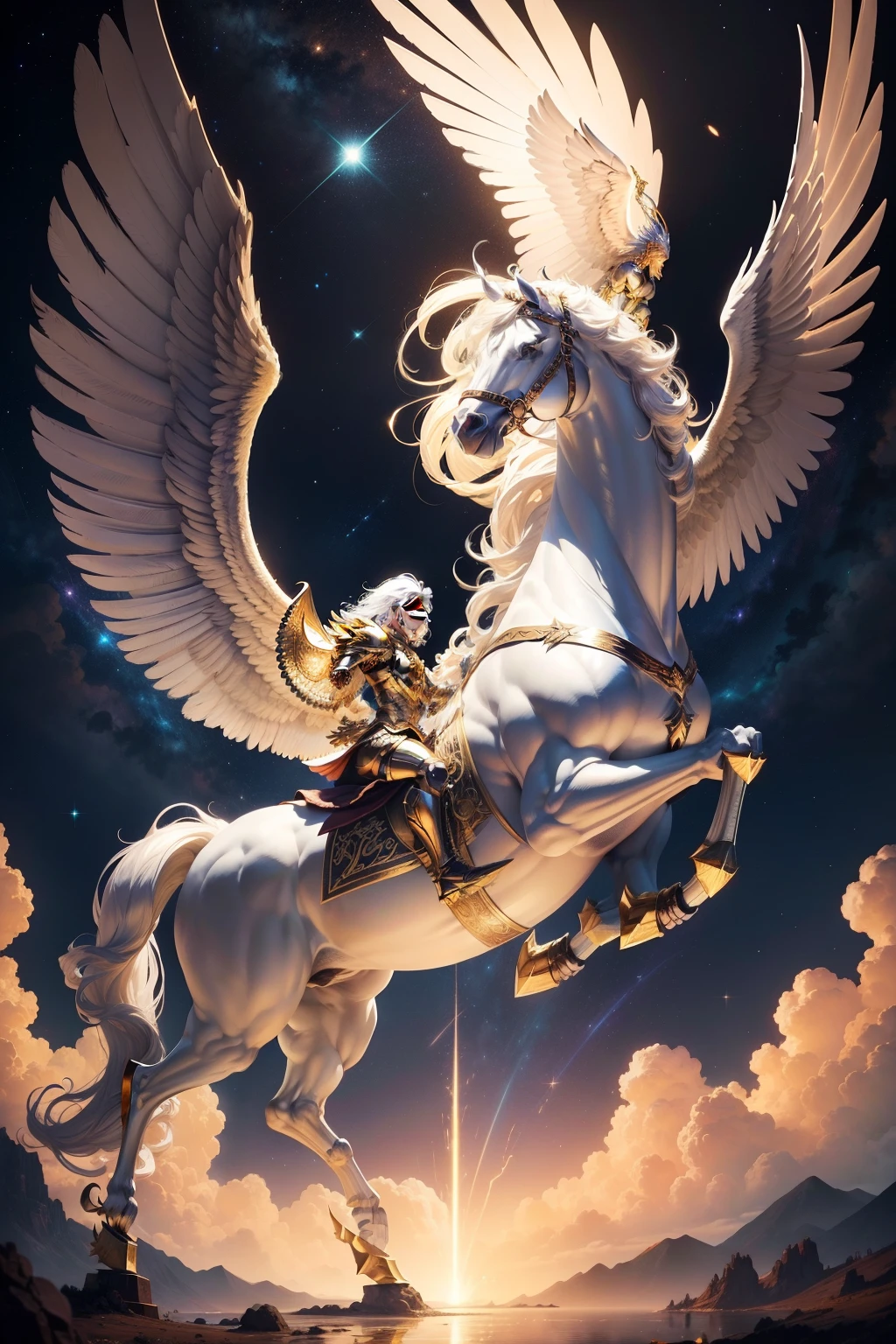 A majestic Greek Titan, clad in armor sheathed in shimmering gold, ascends upon the sky, mounted upon a regal Pegasus with wings that seem to pierce the very fabric of the heavens. The Titan, with his chiseled features and aura of immense power, wields a trident in one hand, its prongs crackling with electricity, while his other hand is raised, guiding the Pegasus with a gentle touch. The Pegasus, with its mane and tail flowing gracefully in the wind, appears to be as much a creature of the heavens as his rider. A trail of celestial sparks follows their flight, illumin