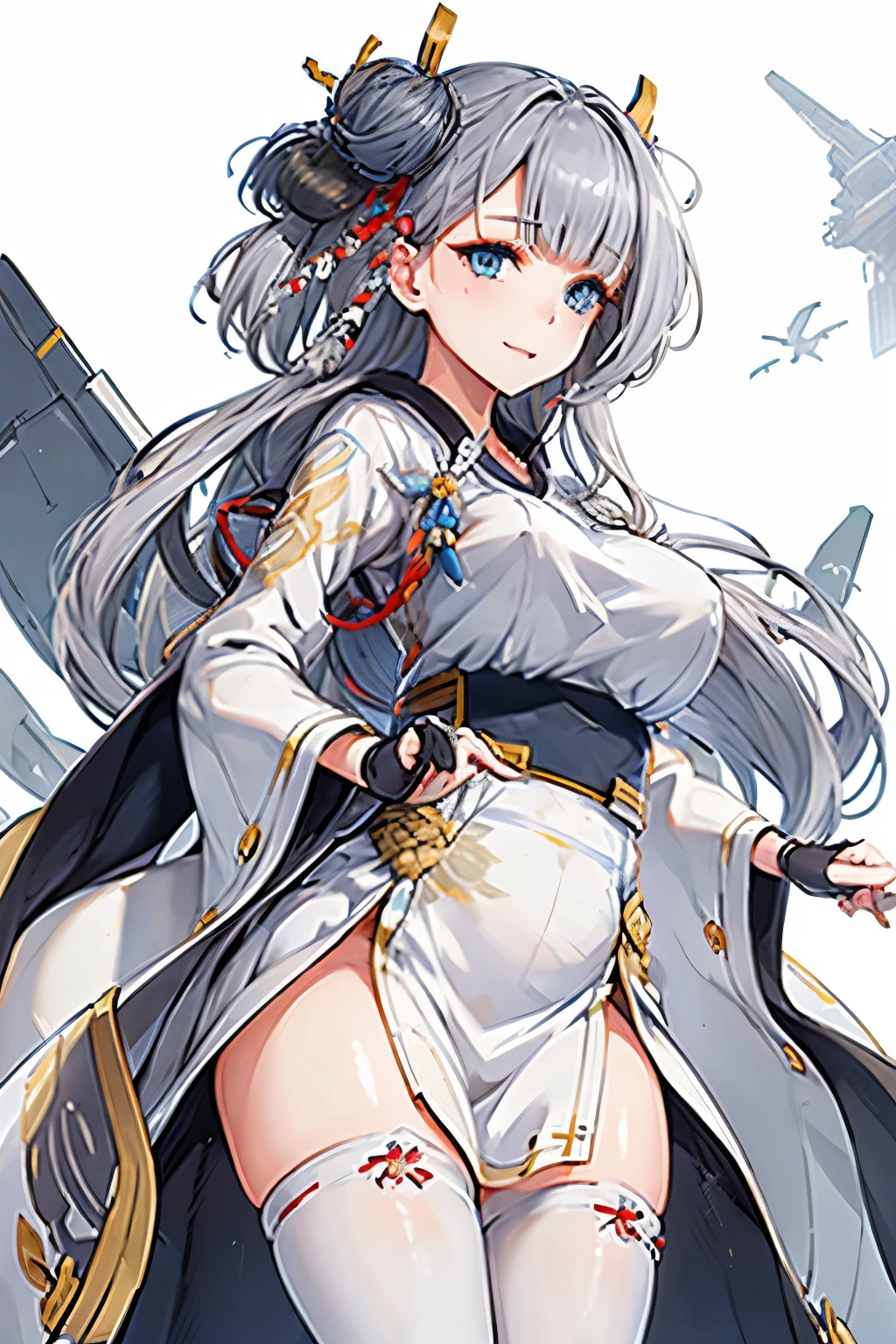 (paysage Azur Lane), (Detailed eyes and face:1.3), (Very elegant and beautiful:1.1), (Perfect detail:1.1), (From the knee up、Large Breasts), ((Top of the character)), Shoukaku, Azur Lane, Gray Hair, Long Hair, Ons Side Hair Ornament, blue eyes, kimono, heart, ability,Fingerless gloves