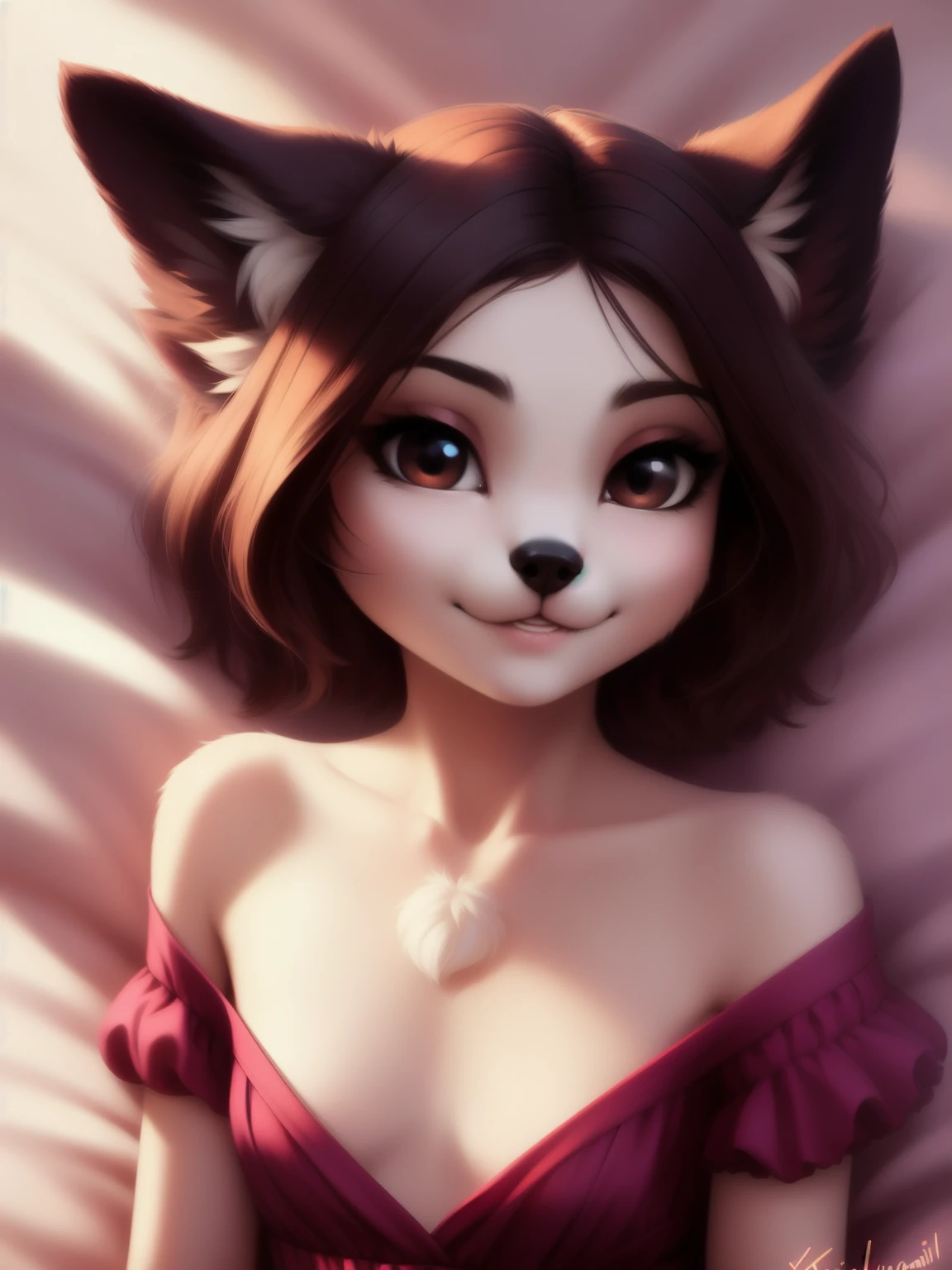 (source_e621), A beautiful and detailed (sweet portrait), ((young anthro domistic dog)), anatomically correct, Schlank, Small breasts, Hochgeladen E621, detailed flauschige fur, (von Fluff-Kevlar, Bayard Wu, personalami, Pino Daeni), 1girl, off shoulder dress, adorable, facing viewer, on bed, missionary position, legs spread, 1girl, realistic, ultra sharp image, view from above, (solo), first person view, cleavage, masterpiece, lying on her back, half body, beautiful hair, seductive gaze, waiting, (kissy face), (Kissing mouth), teeth, short hair, perfect eyes, bellybutton, absurd resolution, inviting, very young girl about to be deflowered,  floppy ears, 