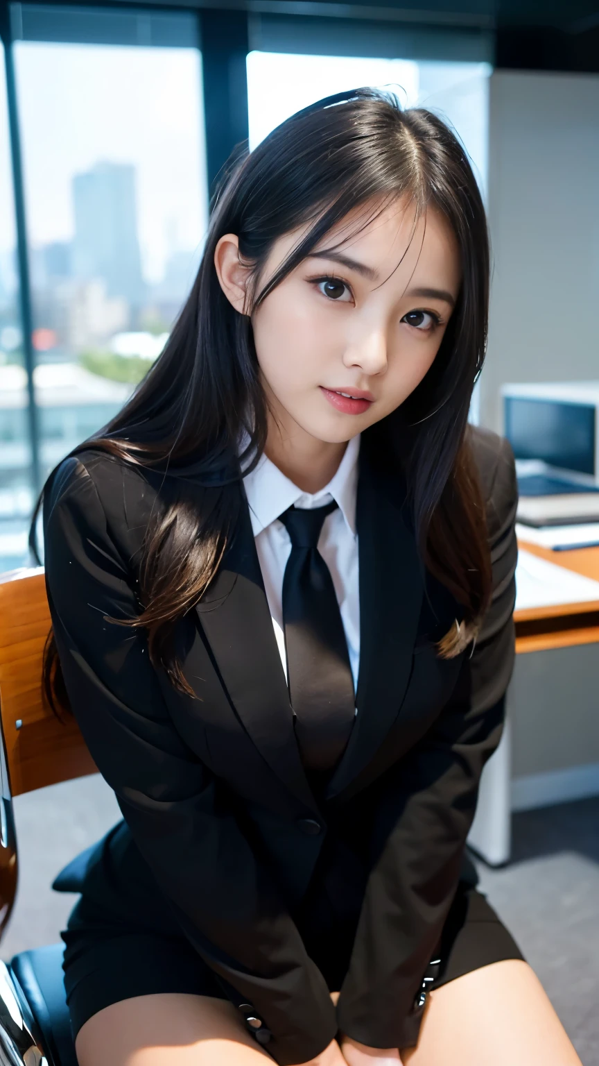 (Best-quality, Masterpiece, Ultra-High-Resolution, (Photorealistic:1.4), Raw Photo, depth of field, professional lighting, perfect anatomy, extremely details), 1girl, -yeld, thost famous Japanese idol, portrait, sitting on business chair at office, wearing formal business-suit, (extremely cute face like the most popular Japanese idol, ((extremely beautiful big-black-eyes)), extremely beautiful hair, extremely beautiful skins), extremely beautiful long-eyelashes, extremely beautiful lips, looking at viewer, ((((feeling very strong sexual arousal and very strong sexual pleasure)))), detailed office, detailed formal-business-suit, detailed business-chair