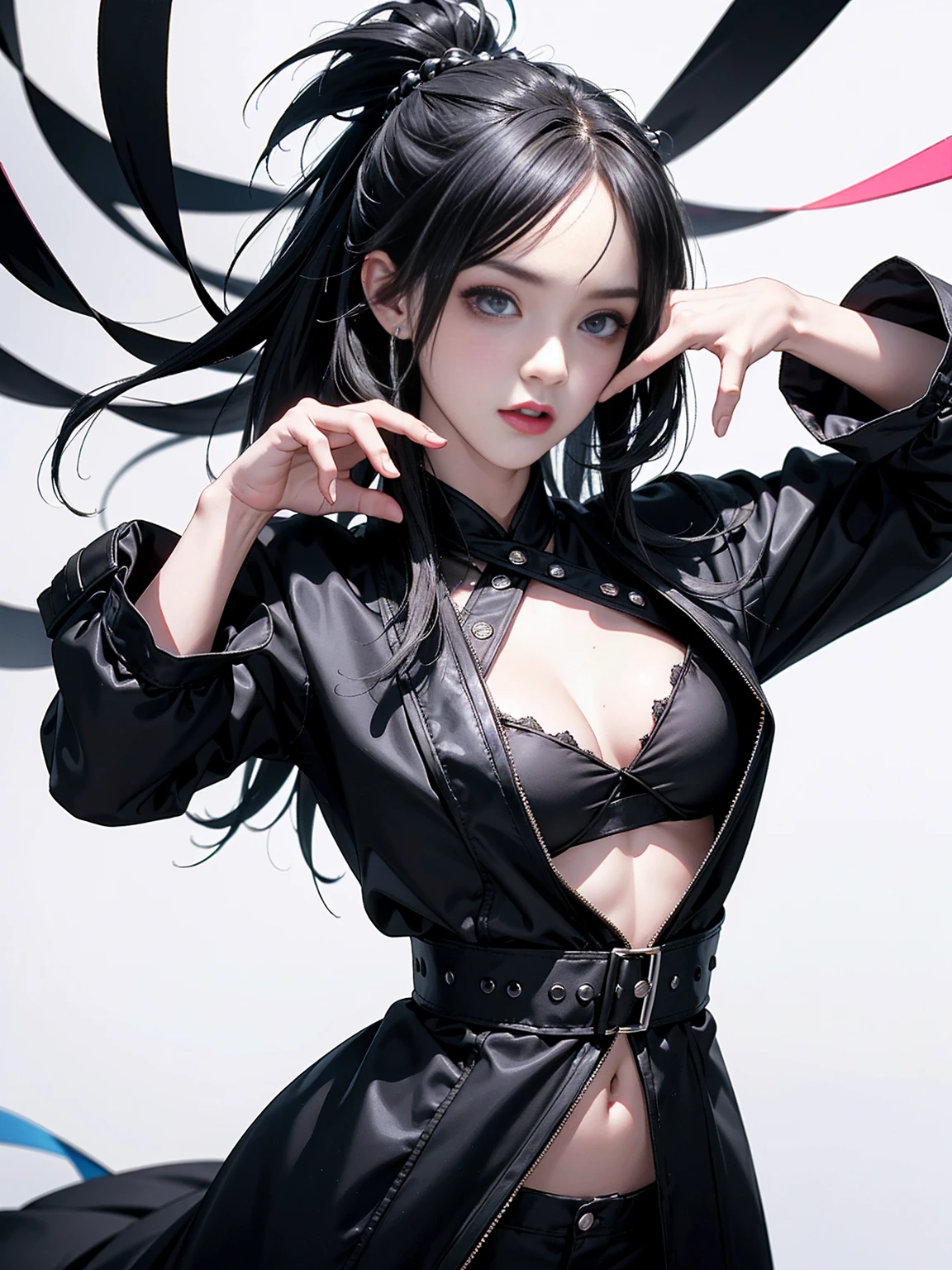 One person girl ，black eye,Pink Long Hair，Black jacket, Punkish Gothic，barefoot，Dynamic Pose，White background (masterpiece, The best quality at its best:1.4),(force:1.4)(Actual, Photo Press:1.4),8KUltra-high resolution,Ultra-high resolution,born,High Dynamic Range, ((高校3年born，Cold Eyes，迫forceのある目:1.3， Detailed eye depiction, Dark Eyes)), Punkish Gothic