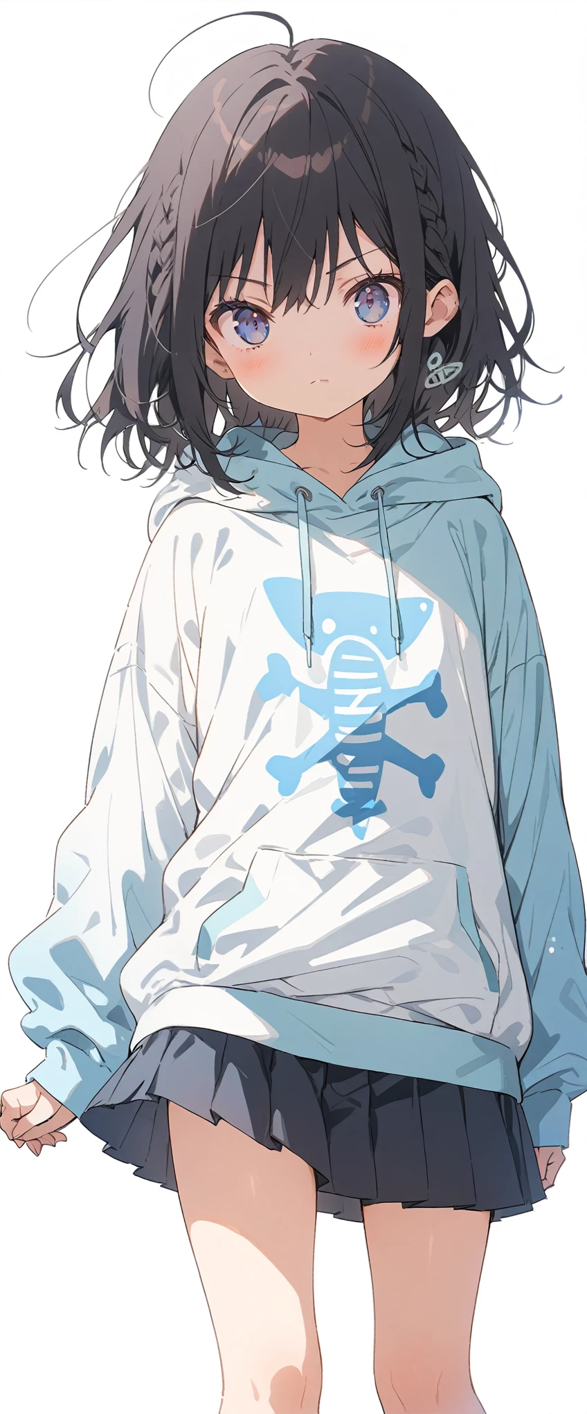 White background、Solid white background、Blank background、just standing girl, only one girl、Full body shot from the front,Ultra-high resolution, highest quality,fish-bone braid hair、Fishbone Hair、Flat Chest、beautiful detailed eyes、black hair、Black hair × Blue eyes、blue eyes、Serious expression、 Plain white hoodie、Black pleated skirt、barefoot