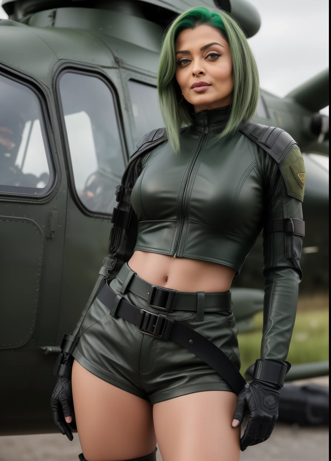 45yo MATURE MILF AISHWARYA RAI, with assault riffle in hands, (photorealistic), beautiful lighting, best quality, realistic, full body portrait, real picture, intricate details, depth of field, 45-years-old, standing next to army helicopter, A very attractive milf sexy solider girl with ((open green hair)), wearing black ((leather shorts)) and tight crop top, knee high boots, combat gloves, (kneepads), highly-detailed, perfect face, hazel eyes, lips, wide hips, small waist, tall, make up, tacticool, Fujifilm XT3, outdoors, bright day, Beautiful lighting, RAW photo, 8k uhd, film grain, ((bokeh))