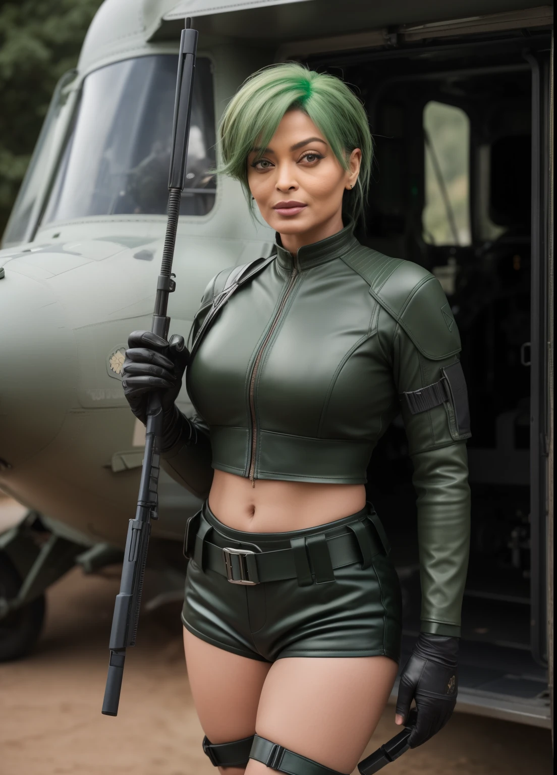 45yo MATURE MILF AISHWARYA RAI, with assault riffle in hands, (photorealistic), beautiful lighting, best quality, realistic, full body portrait, real picture, intricate details, depth of field, 45-years-old, standing next to army helicopter, A very attractive milf sexy solider girl with ((open green hair)), wearing black ((leather shorts)) and tight crop top, knee high boots, combat gloves, (kneepads), highly-detailed, perfect face, hazel eyes, lips, wide hips, small waist, tall, make up, tacticool, Fujifilm XT3, outdoors, bright day, Beautiful lighting, RAW photo, 8k uhd, film grain, ((bokeh))