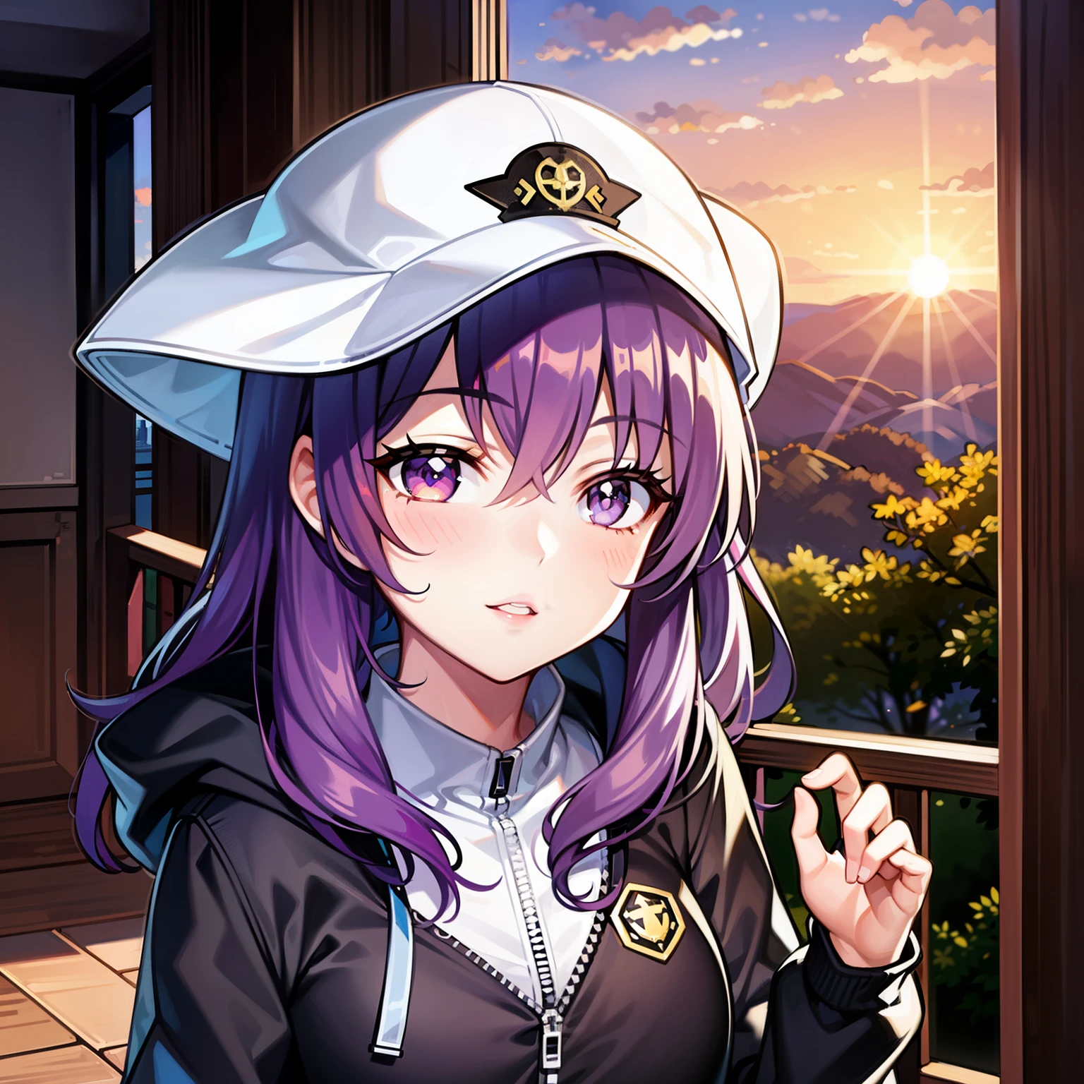 ((1girl, solo)), purple hair, long hair, purple eyes, grey, +_+, long sleeves, smile, (((parted lips))), hood down, (badge on hat), symbol-shaped pupils, looking at viewer, details eyes, absurdres, half body, ((sunset)), top view, (day time, sunny)