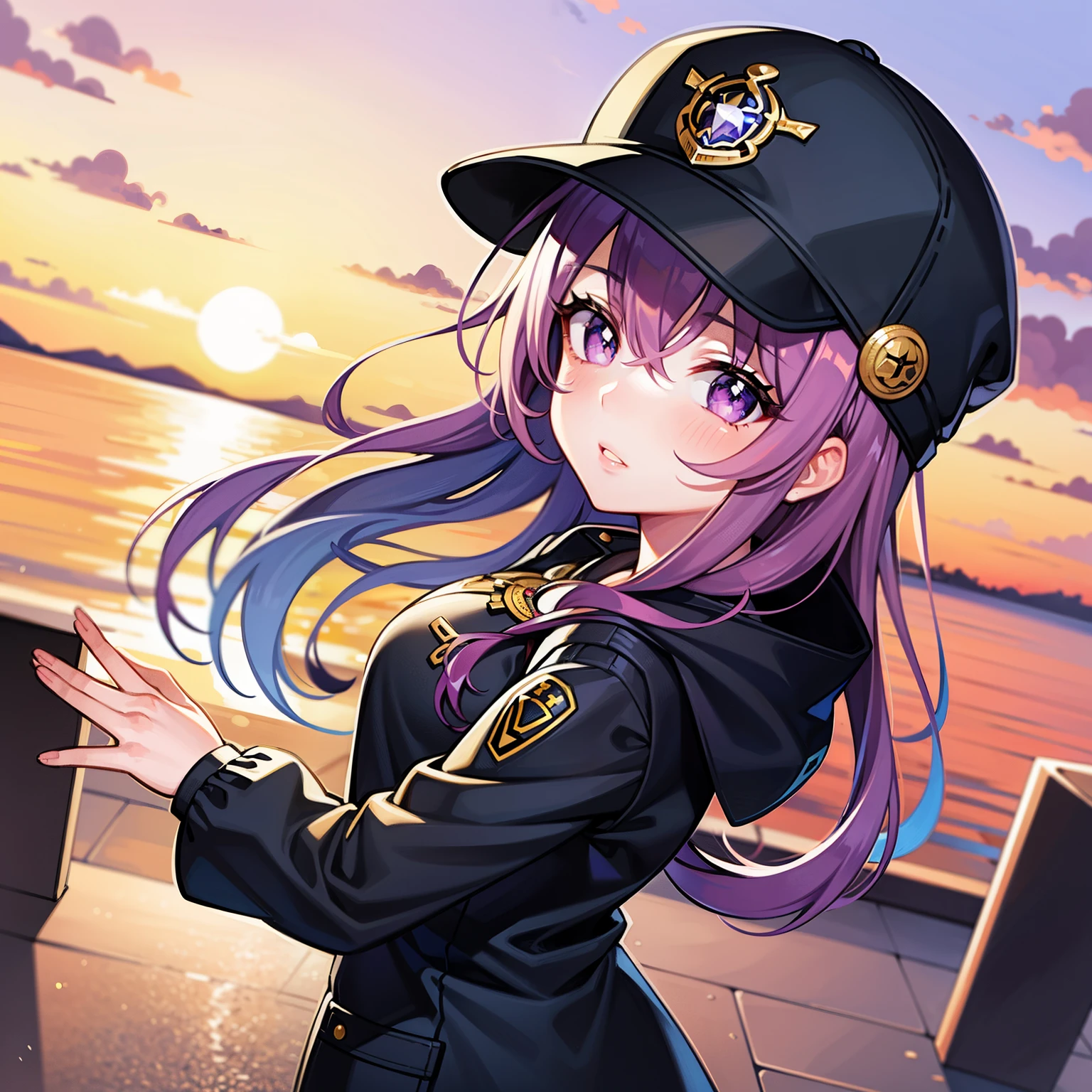 ((1girl, solo)), purple hair, long hair, purple eyes, grey, +_+, long sleeves, smile, (((parted lips))), hood down, (badge on hat), symbol-shaped pupils, looking at viewer, details eyes, absurdres, half body, ((sunset)), top view, (day time, sunny)