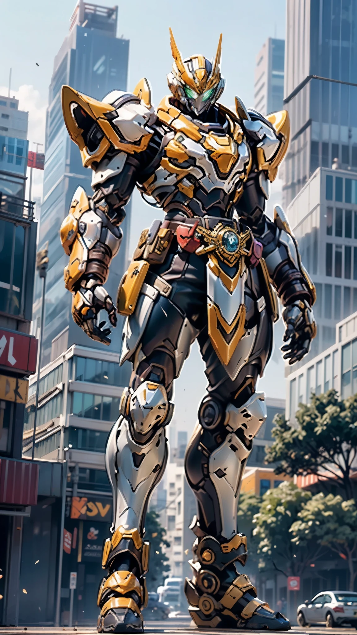 A man wearing a full-face helmet, a fantasy-style biotech armored combat suit, green eyes, (a composite layered chest armor), fully enclosed shoulder guards, matching arm and leg guards, the belt is adorned with cross, (the color scheme is primarily white with golden and blue accents), the design balances heavy with agility, a high-tech bio-mecha armor, (Armor Concept Inspired by Paladin, stand on the top of a skyscraper in a futuristic sci-fi city), this character embodies a finely crafted fantasy-surreal style armored hero in anime style, exquisite and mature manga art style, (battle damage, element, plasma, energy, the armor glows), ((male:1.5)), metallic, real texture material, dramatic, high definition, best quality, highres, ultra-detailed, ultra-fine painting, extremely delicate, professional, perfect body proportions, golden ratio, anatomically correct, symmetrical face, extremely detailed eyes and face, high quality eyes, creativity, RAW p