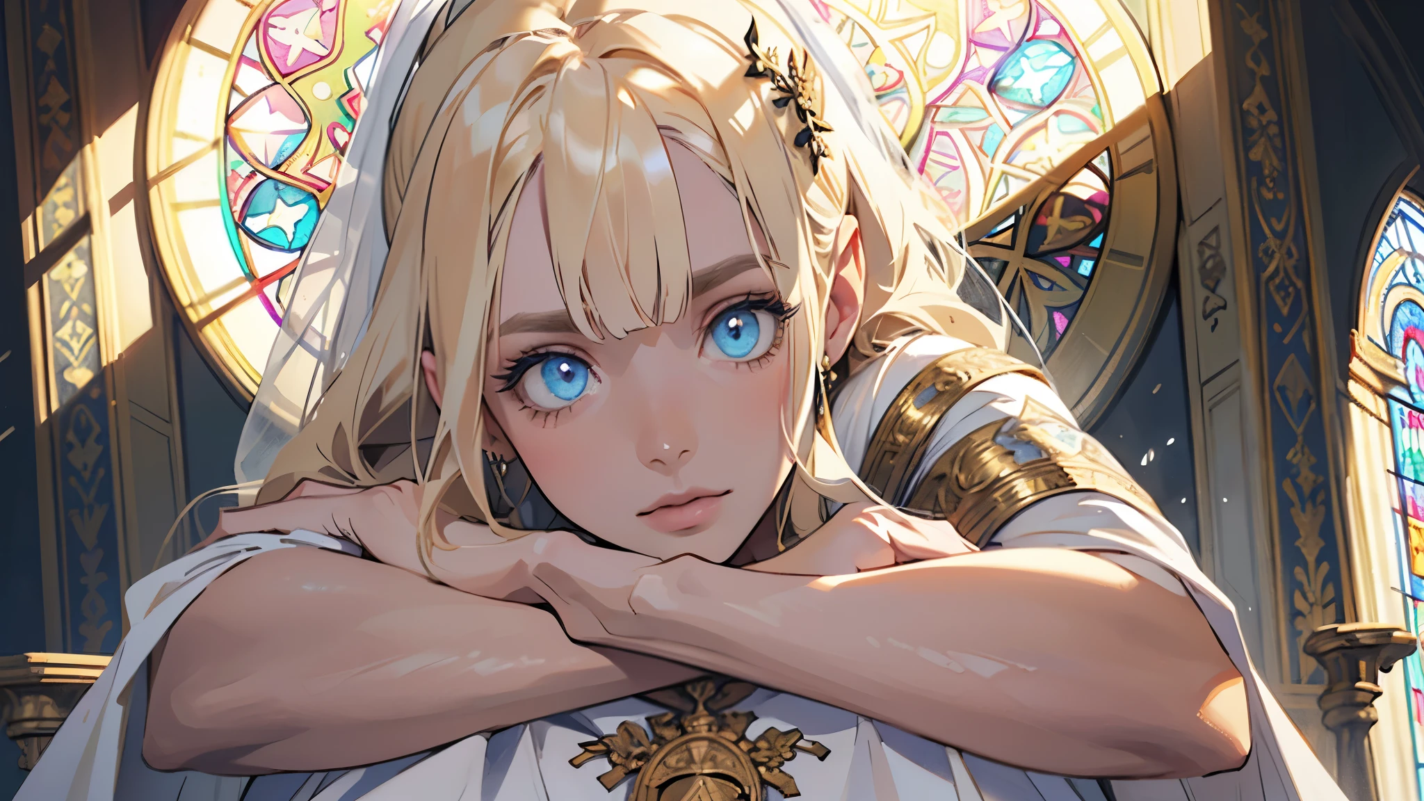 (A luxurious white vestment with intricately detailed gold embroidery）Incorruptible and white,Pure and pitiful, rosary, Stained glass praising, Beautiful woman, extremely long hair, blonde hair, green eyes, 32, (masterpiece:1.3), (best quality:1.3), high-resolution, watercolor pencil, Head-on angle, Body facing forward, (upright:1.3), solo, blue eyes, beautiful detailed eyes, (white background:1.2), simple background, concept art, shadow lighting, beautiful detailed glow, best illuminate,(((best quality, textile shading, ultra detailed))),extremely detailed CG unity 8k wallpaper,Highly Detailed beautiful and aesthetic, best light, high resolution, detailed, dynamic lighting, 1Character,  pastel washed out colors, cell shade, soft, muted shades, gentle colors,