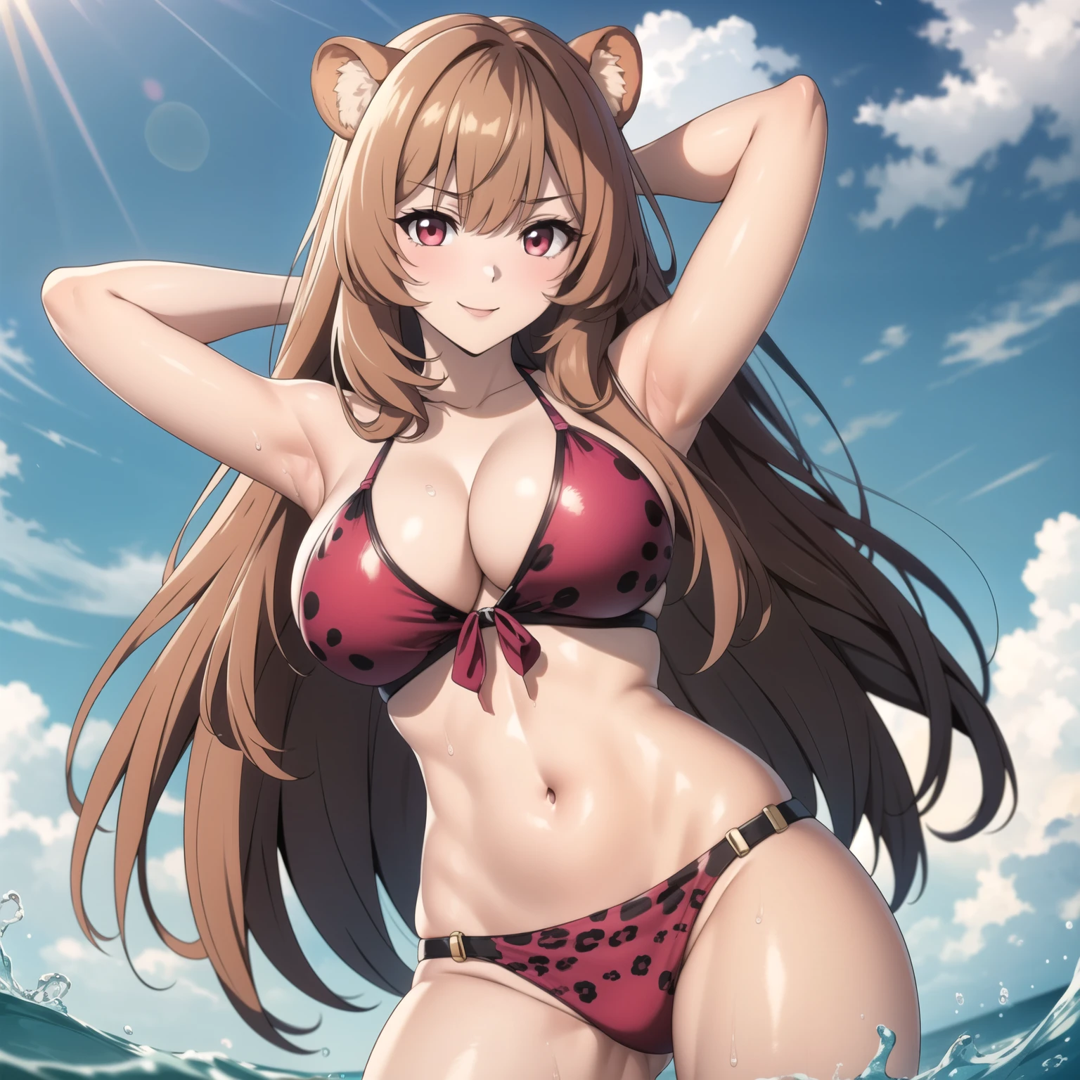 1 sola chica, Raphtalia. atractiva mujer. orejas de oso, cabello  rubio-naranjo brillante, red eyes like rubies, sonrisa, presumiendo su pecho, pale skin,  grandes, pink bikini with jaguar design. sexy, do una playa. mirada traviesa. gotas de agua en su pecho. hands behind head. orejas de oso redondas.