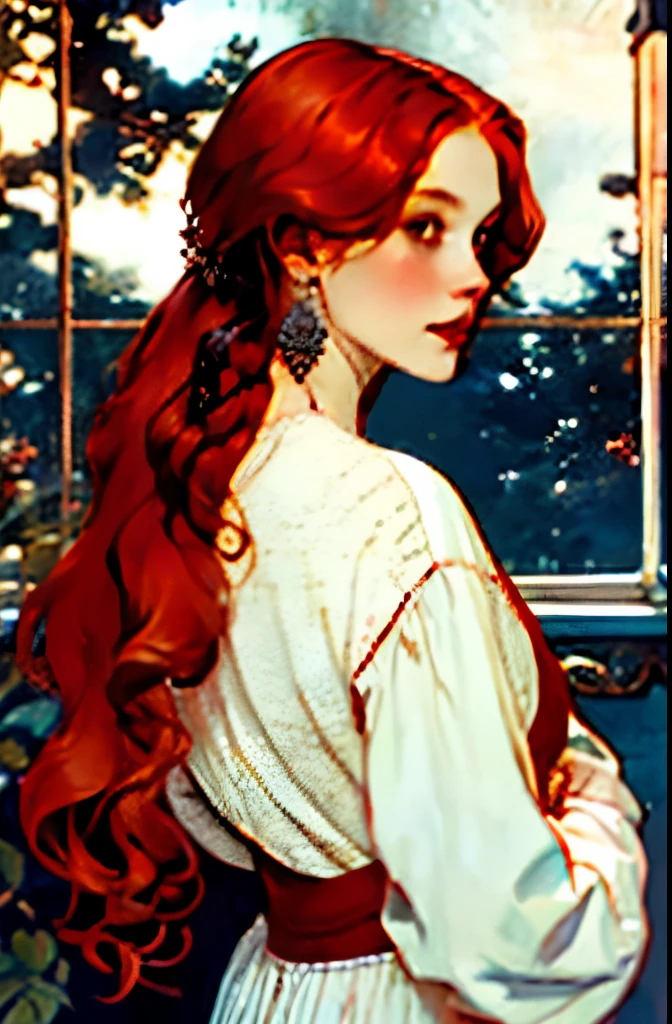 beautiful girl, red hair, pale skin, wink eyes, wearing elegant earing, crown head, wearing elegant white dress, model pose, looking at viewer, interior, window, sunsets, teddy bear background, anime 90's screencap, plants on the side, ambience, cinematic color, with lense flair, , more_details:-1, more_details:0, more_details:0.5, more_details:1, more_details:1.5
