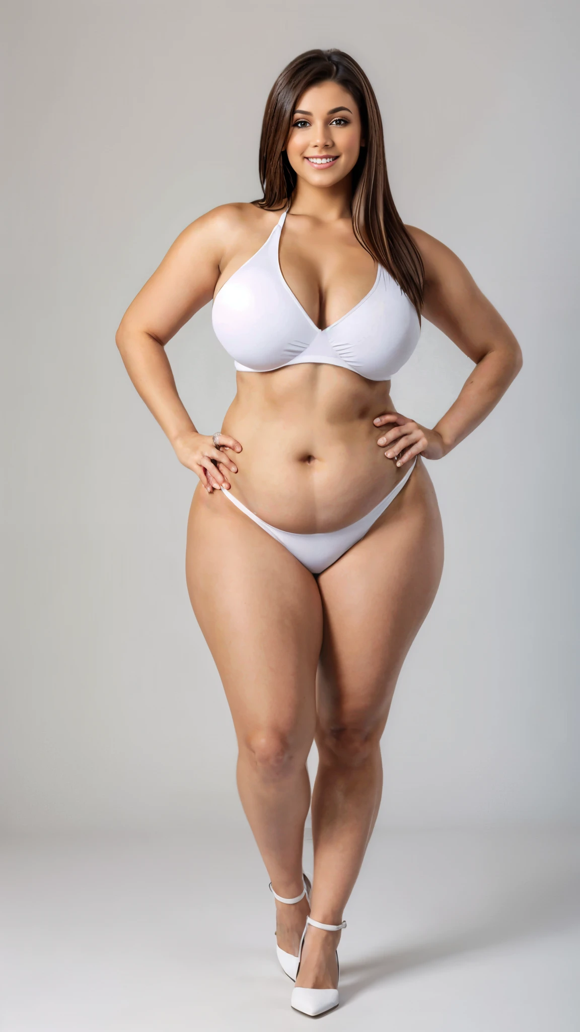 style:photo | Alltotal Body Photo Of glamour Woman, as a 25_young woman, big breast Jumbo breast sexy, fat straight_hair, Izrael Syria woman standing、preppy,viewed_from_distance, full_body, wide_angle view, entire_body_in_view、fat girl、one person、Fat belly、Thick body、Full body portrait、Standing on tiptoes、Stand with your feet shoulder-width apart、Stand with your hands on your hips、Stand facing forward、Simple white background、Blank white background、Big belly、Thick waist、Blank background、Competitive swimmer、Swimwear、Micro Bikini、Light pink swimsuit、High heels、Bikini with small cloth area、Brown Hair、Short Hair、、