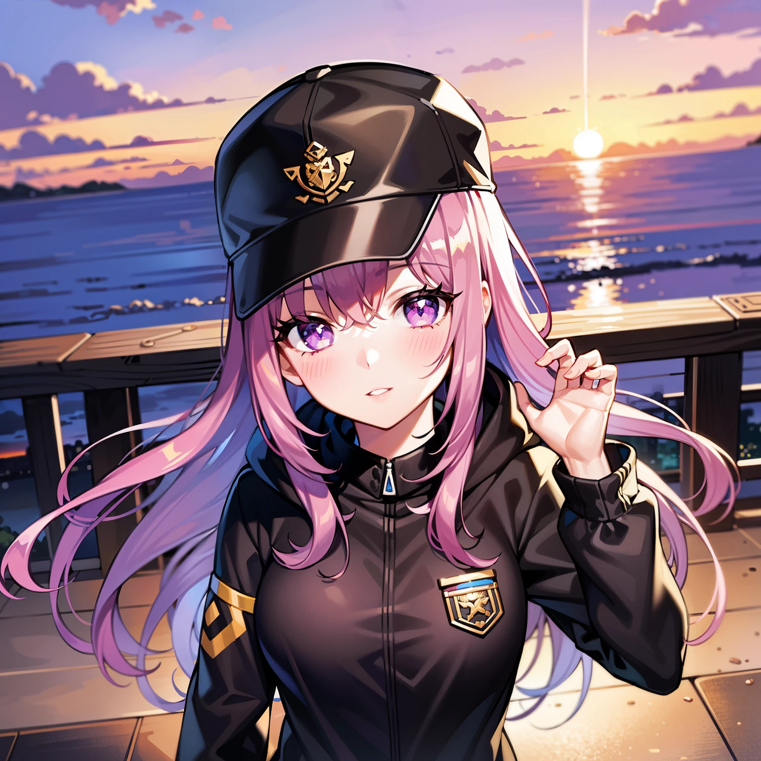 ((1girl, solo)), purple hair, long hair, purple eyes, grey, +_+, long sleeves, smile, (((parted lips))), hood down, (badge on hat), symbol-shaped pupils, looking at viewer, details eyes, absurdres, half body, ((sunset)), top view, (day time, sunny)