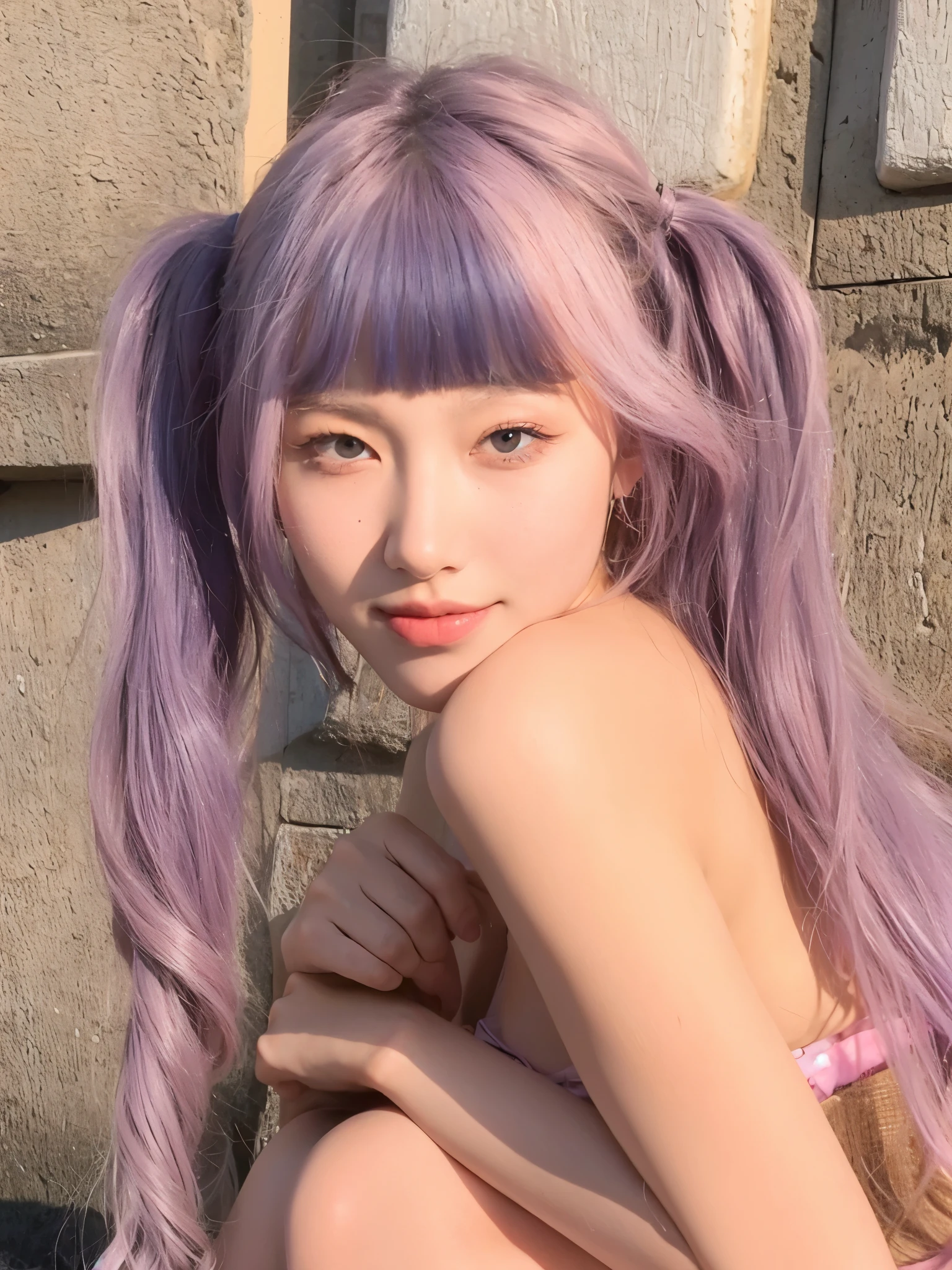 Air bangs,Purple long curly hair,Natural, beautiful and comfortable,The background is simple and clean,The characters look beautiful and comfortable