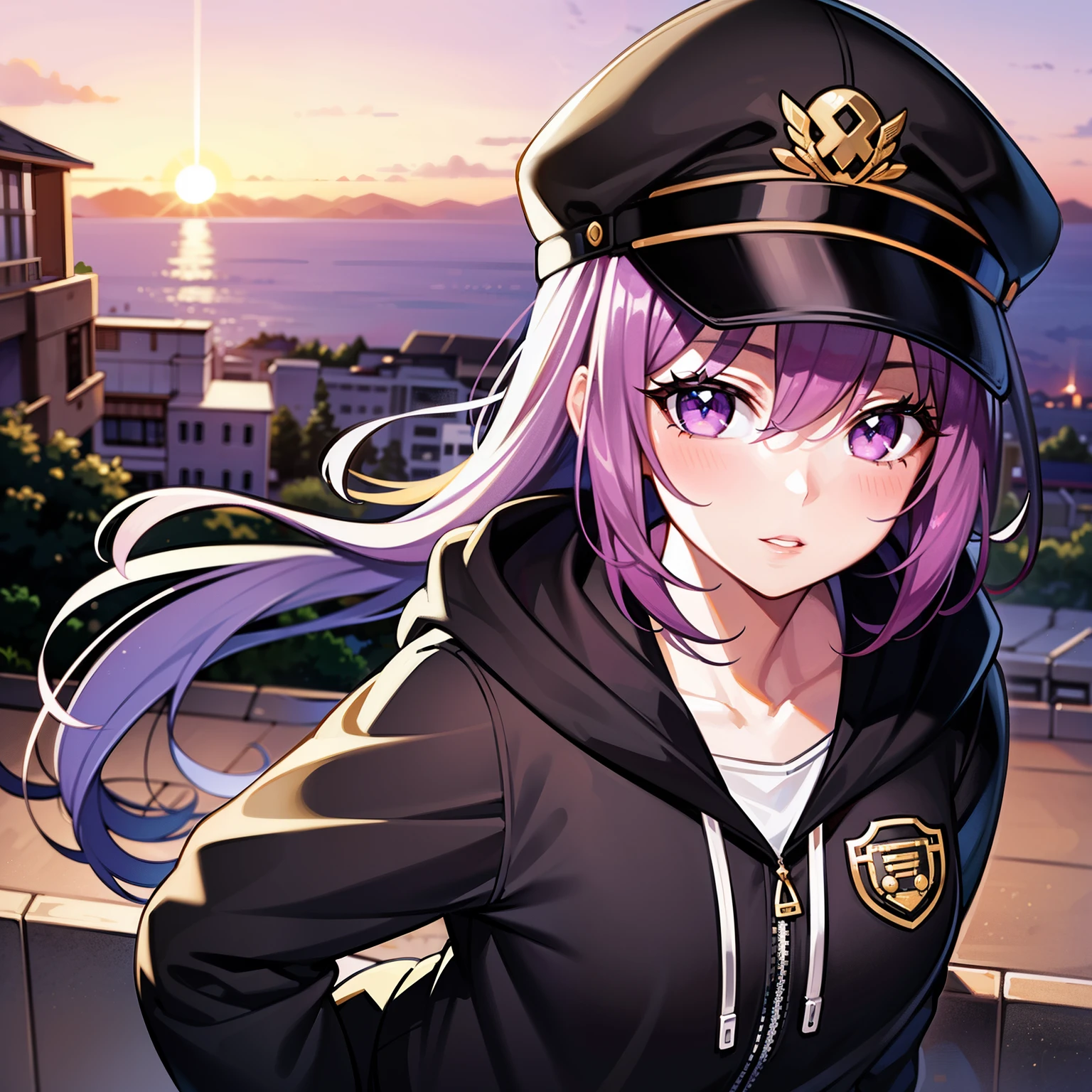 ((1girl, solo)), purple hair, long hair, purple eyes, grey, +_+, long sleeves, smile, (((parted lips))), hood down, (badge on hat), symbol-shaped pupils, looking at viewer, details eyes, absurdres, half body, ((sunset)), top view, (day time, sunny)