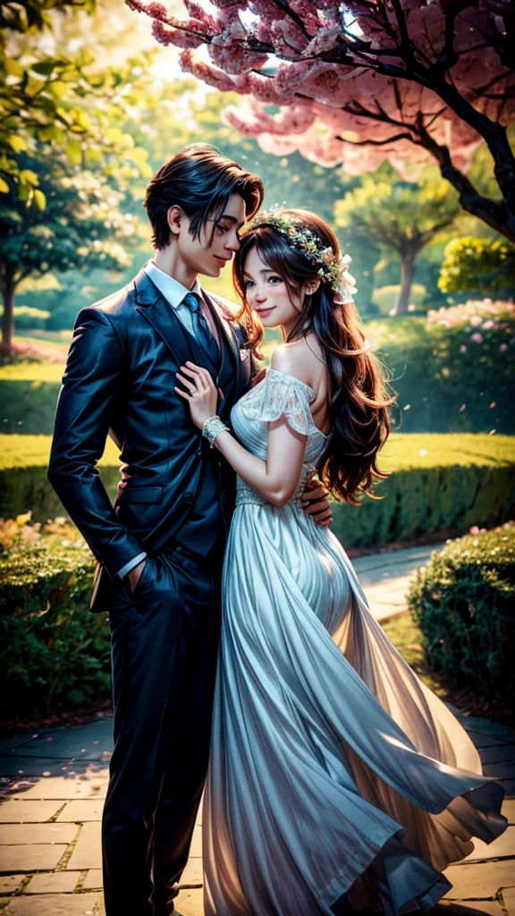 A couple sharing a sweet moment in a park, their love shining through their eyes, genuine smiles on their faces. The photo depicts a medium shot with soft lighting, creating a romantic atmosphere. The image quality is of the highest standard, ensuring every detail is vivid and sharp. The medium used for this artwork is a realistic photograph, capturing the essence of the couple's love. The surrounding scenery includes lush greenery, blooming flowers, and a gentle breeze. The colors are vibrant and lively, enhancing the joyful and romantic mood of the photo. The couple is dressed elegantly, complementing the beauty of the surroundings. The male partner has a well-groomed appearance, exuding confidence and charm. Meanwhile, the female partner wears a flowing dress, radiating grace and femininity. They are standing close together, their hands intertwined. The photo captures their intimate connection and the love they share. The atmosphere is peaceful and serene, allowing the couple to fully immerse themselves in each other's presence.