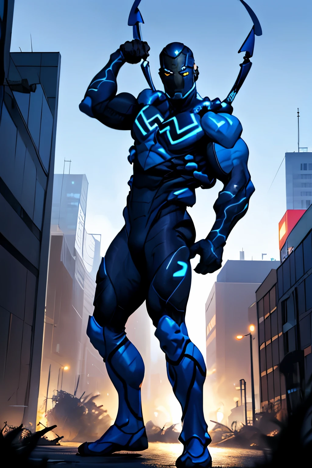 (full body), ((masterpiece,best quality)), absurdres, Blue_Beetle_DC, muscular, looking at viewer, dynamic pose, giant towering over city