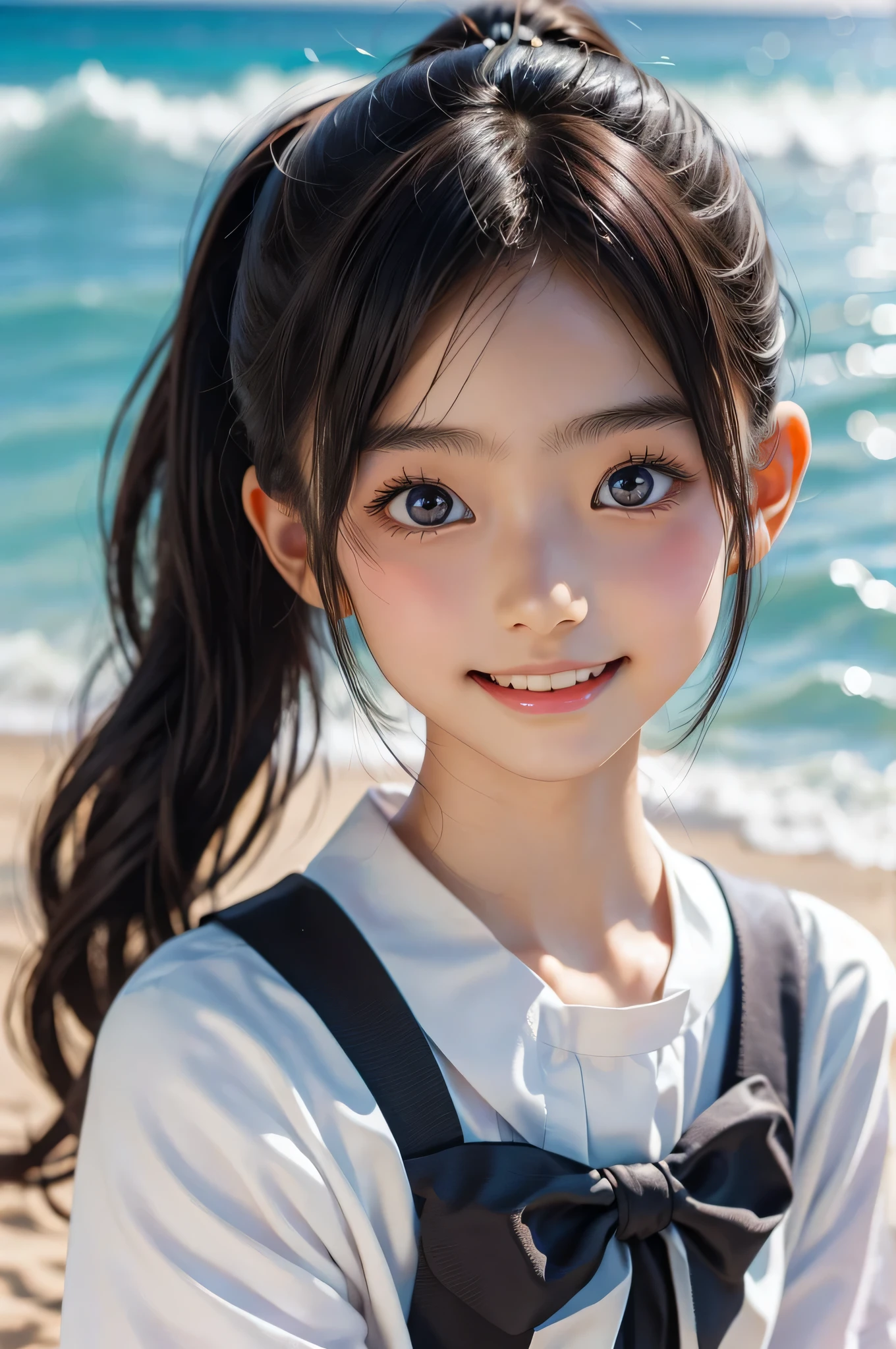 (Beautiful 15 year old Japan woman，solo，1 girl), Cute Face, (Deeply chiseled face:0.7), (Big eyes), Soft Light,Healthy white skin, shy, (Serious face), thin, smile, uniform, ponytail，True Face，View Viewer，Ocean，Beach，ID photo，