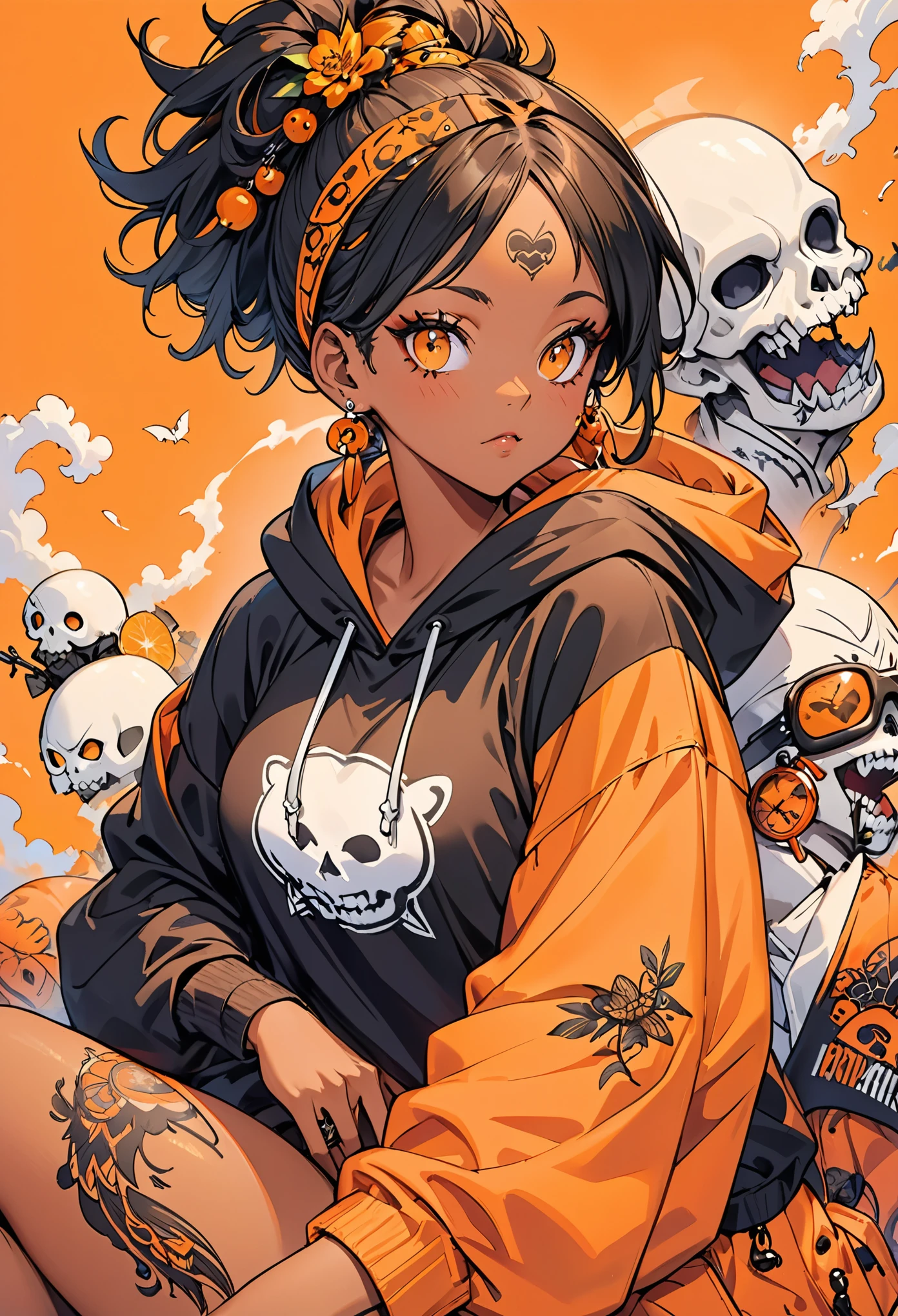 (A African black woman) holding big orange. Her decked out in an big orange themed ensemble,complete with a hoodie adorned. Her laid-back demeanor contrasts with the vibrant,spooky accessories. ((on an orange background)). array of tattoos,
