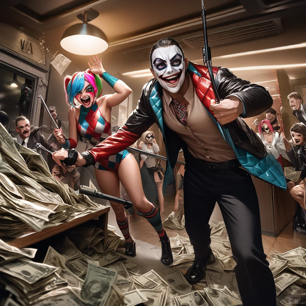 (best quality:1.2,ultra-detailed,realistic:1.37),the joker and harley quinn,robbed bank,crazy selfies,selfie sticks,money tossing,masked criminals,chaotic scene,laughter,menacing smiles,guns,hysterical laughter,disorderly bank notes,smoke-filled room,cash flying in the air,wide grins,wild poses,villains in action,flashy outfits,unique makeup,harlequin patterns,bank safe,bank tellers,terrified hostages,dark humor,vivid colors,dynamic lighting,mischief and mayhem,criminal masterminds,crazy criminal duo,lively atmosphere,heist escapade,unpredictable energy,creepy fun,criminal underworld,criminal creativity,madness and chaos